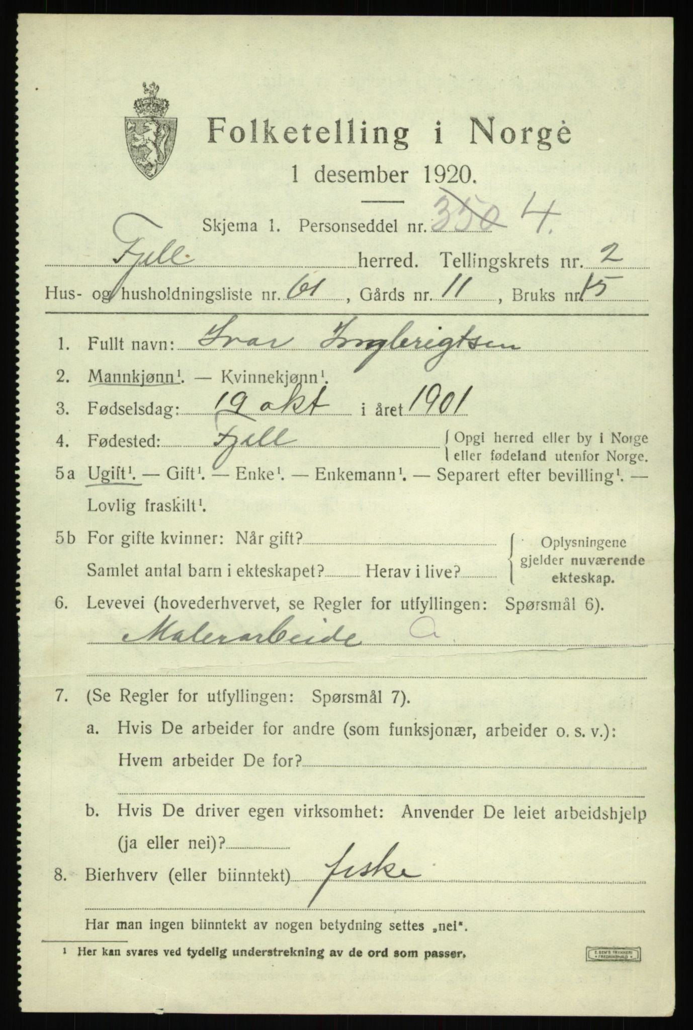 SAB, 1920 census for Fjell, 1920, p. 2946