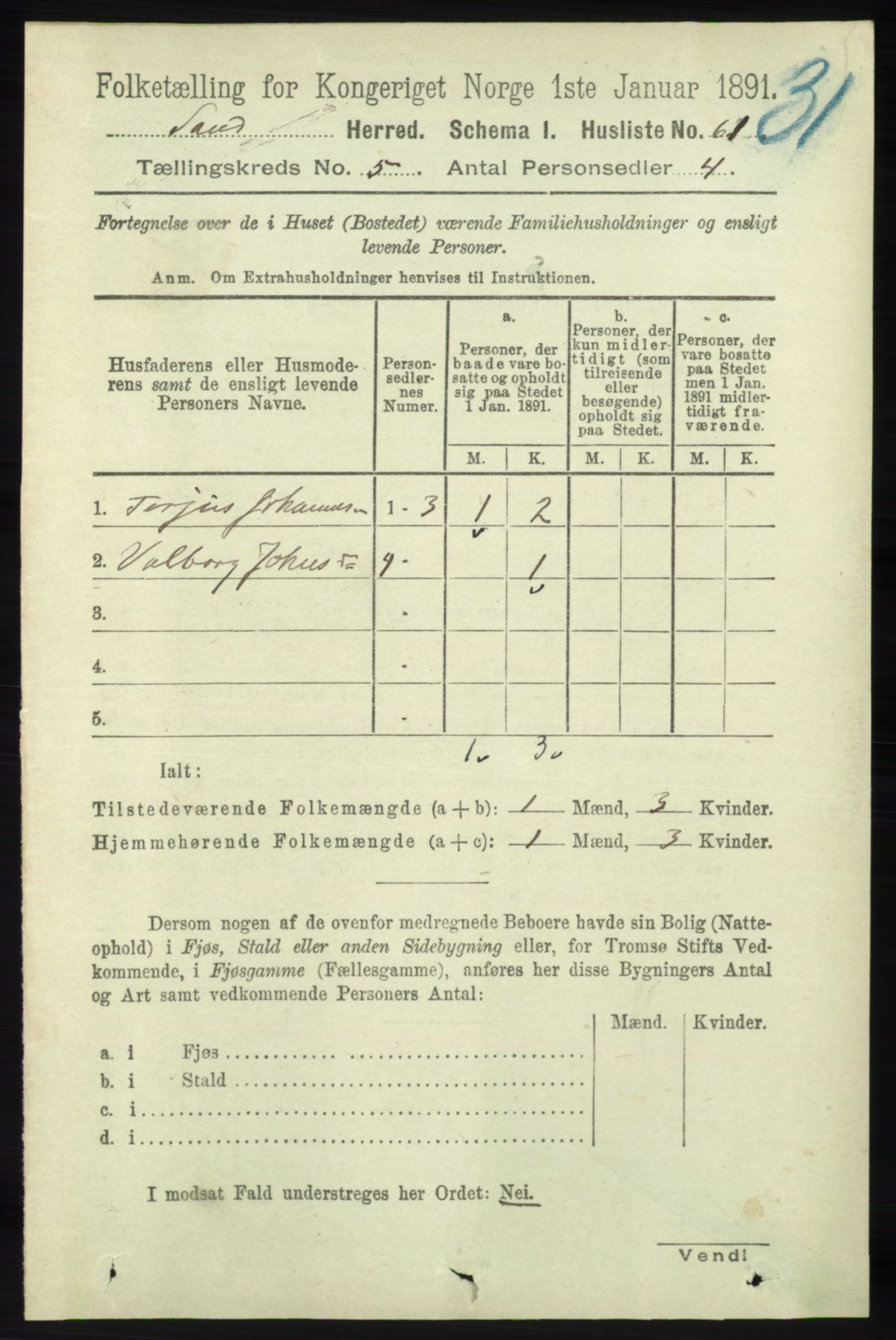 RA, 1891 census for 1136 Sand, 1891, p. 1545