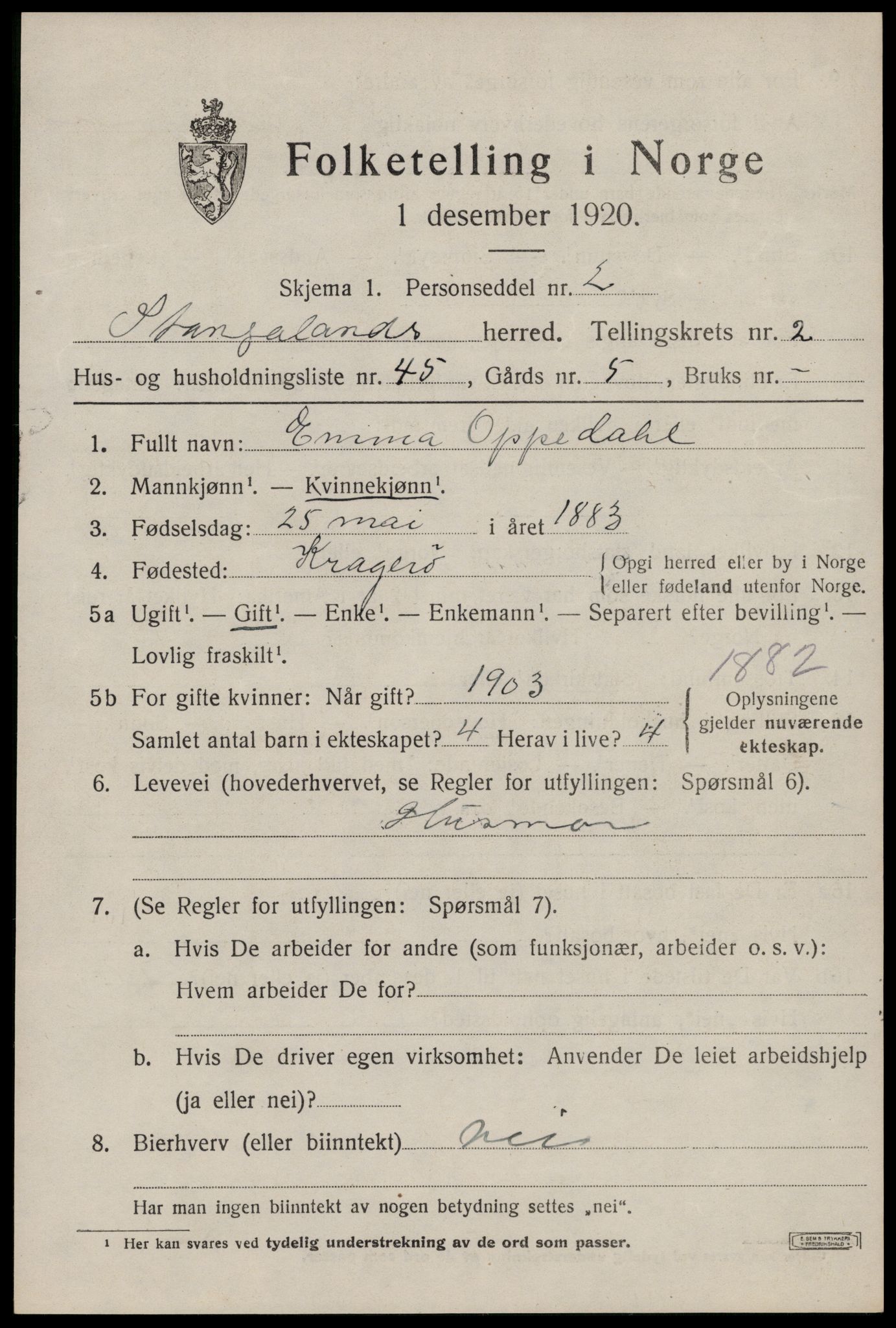 SAST, 1920 census for Stangaland, 1920, p. 1769