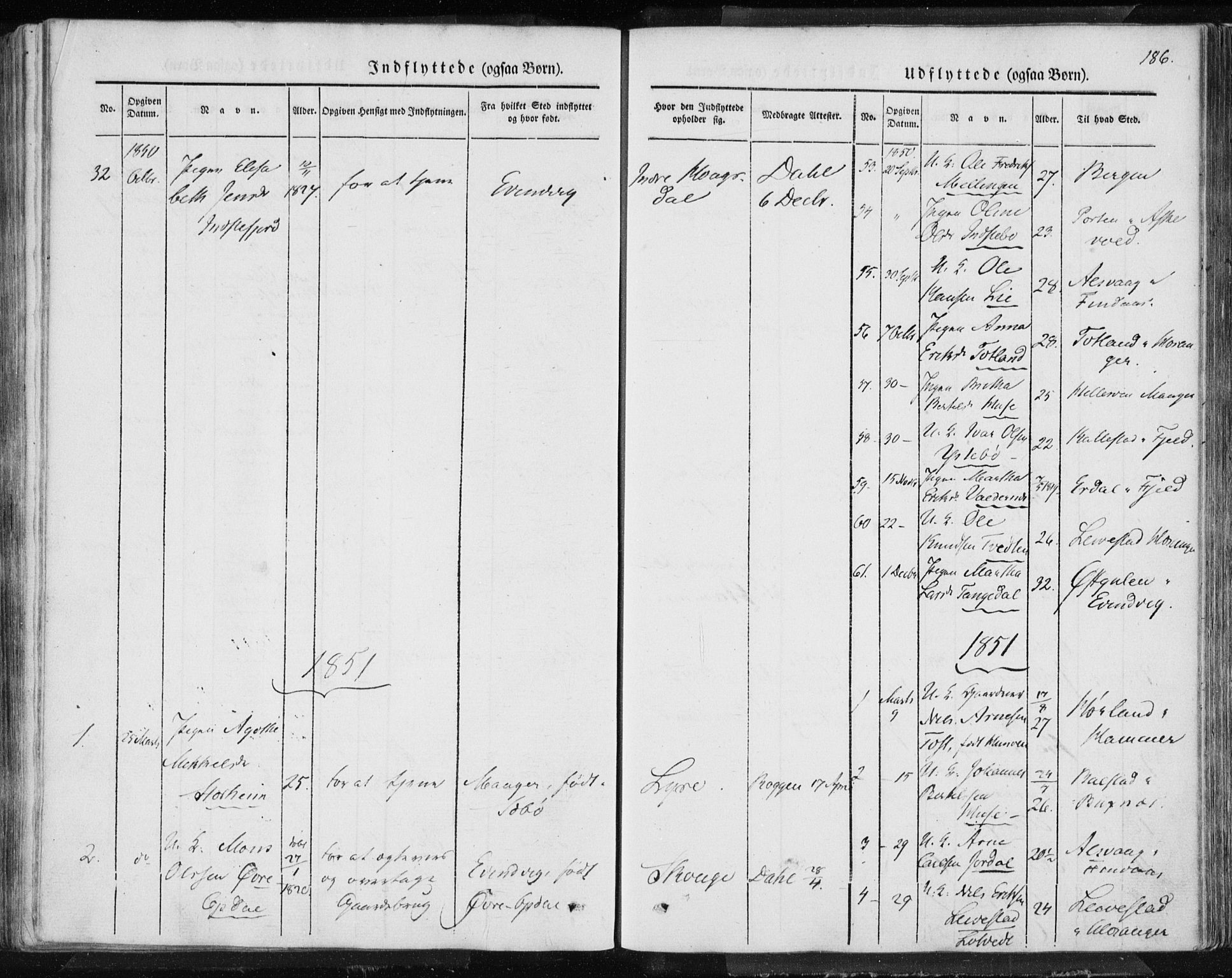 Lindås Sokneprestembete, AV/SAB-A-76701/H/Haa/Haaa/L0010: Parish register (official) no. A 10, 1842-1862, p. 186