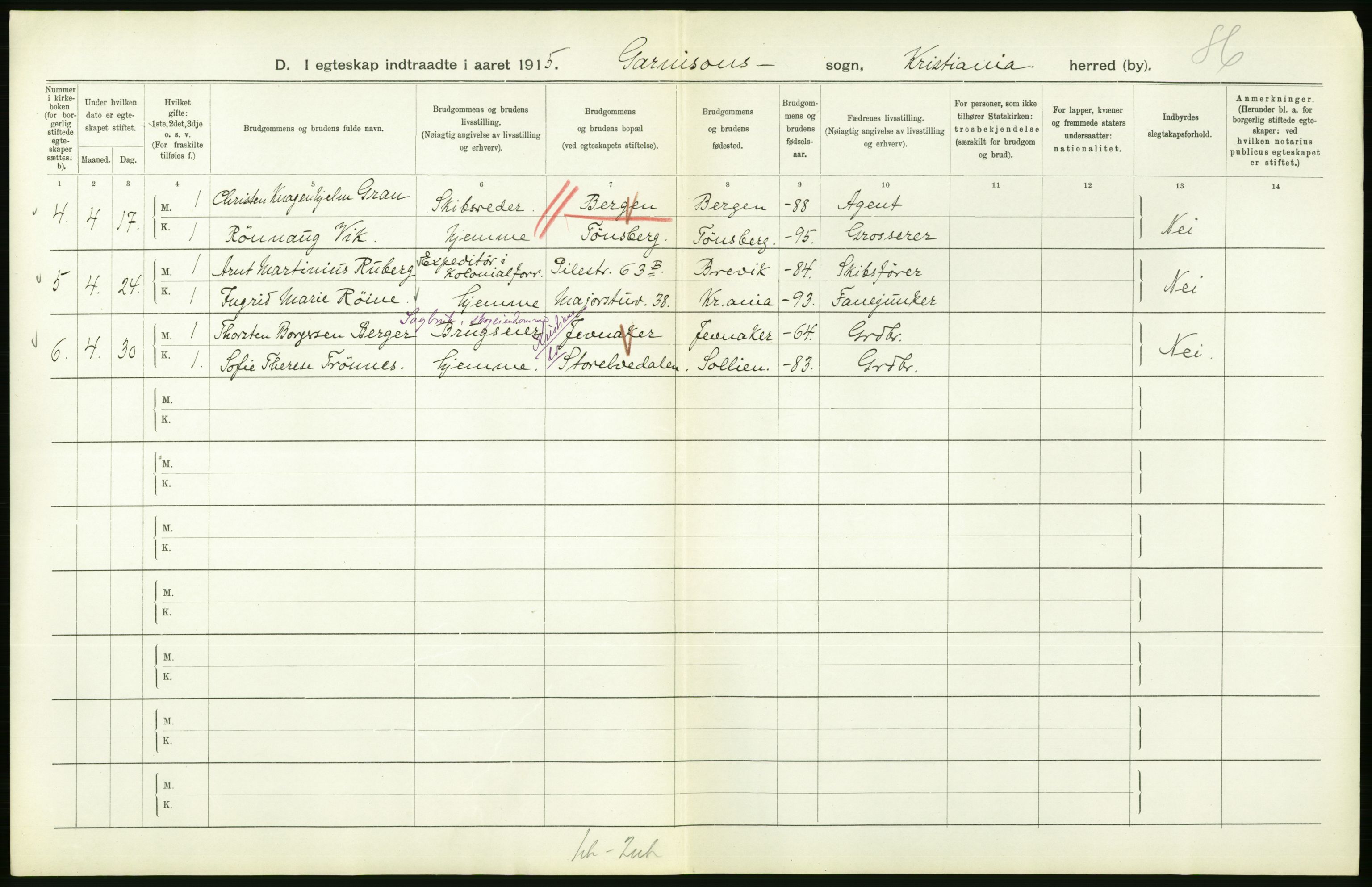 Statistisk sentralbyrå, Sosiodemografiske emner, Befolkning, AV/RA-S-2228/D/Df/Dfb/Dfbe/L0008: Kristiania: Gifte., 1915, p. 648