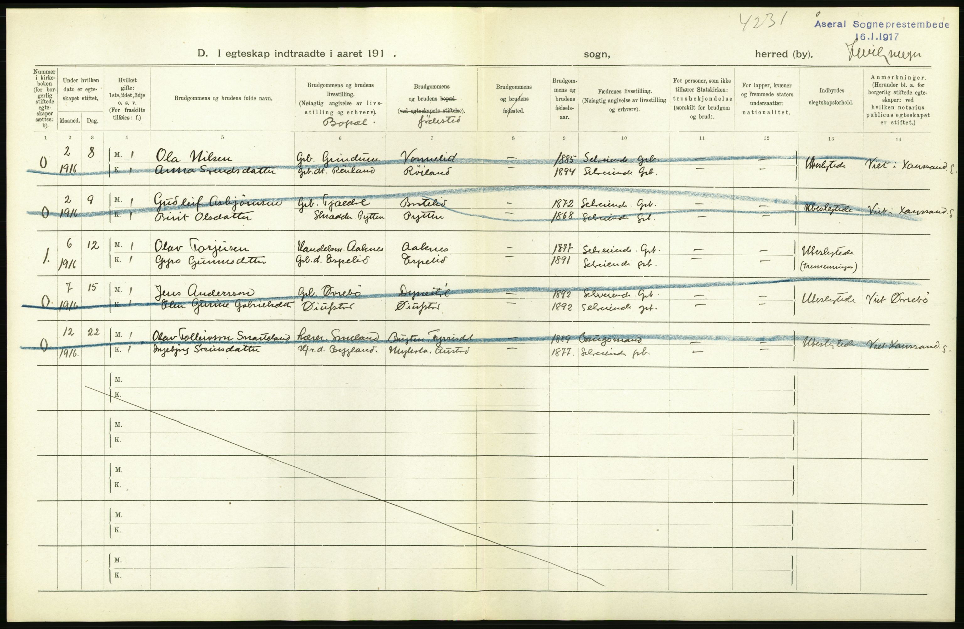 Statistisk sentralbyrå, Sosiodemografiske emner, Befolkning, AV/RA-S-2228/D/Df/Dfb/Dfbf/L0028: Lister og Mandals amt: Gifte, døde, dødfødte. Bygder og byer., 1916, p. 52