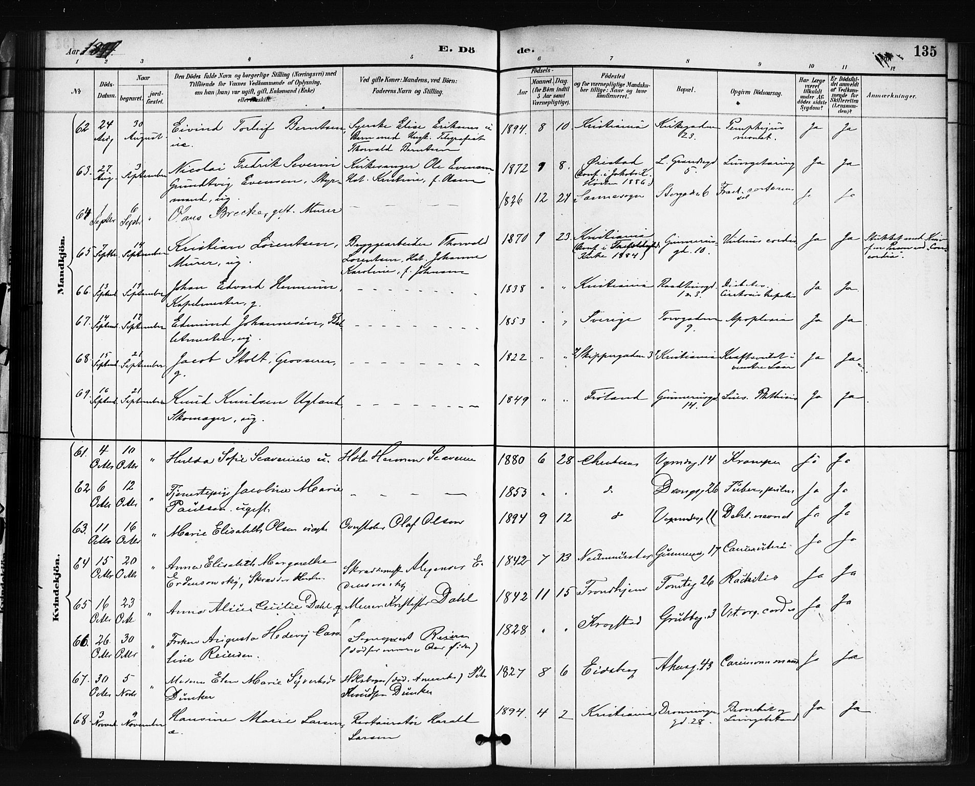 Oslo domkirke Kirkebøker, SAO/A-10752/F/Fa/L0035: Parish register (official) no. 35, 1885-1901, p. 135
