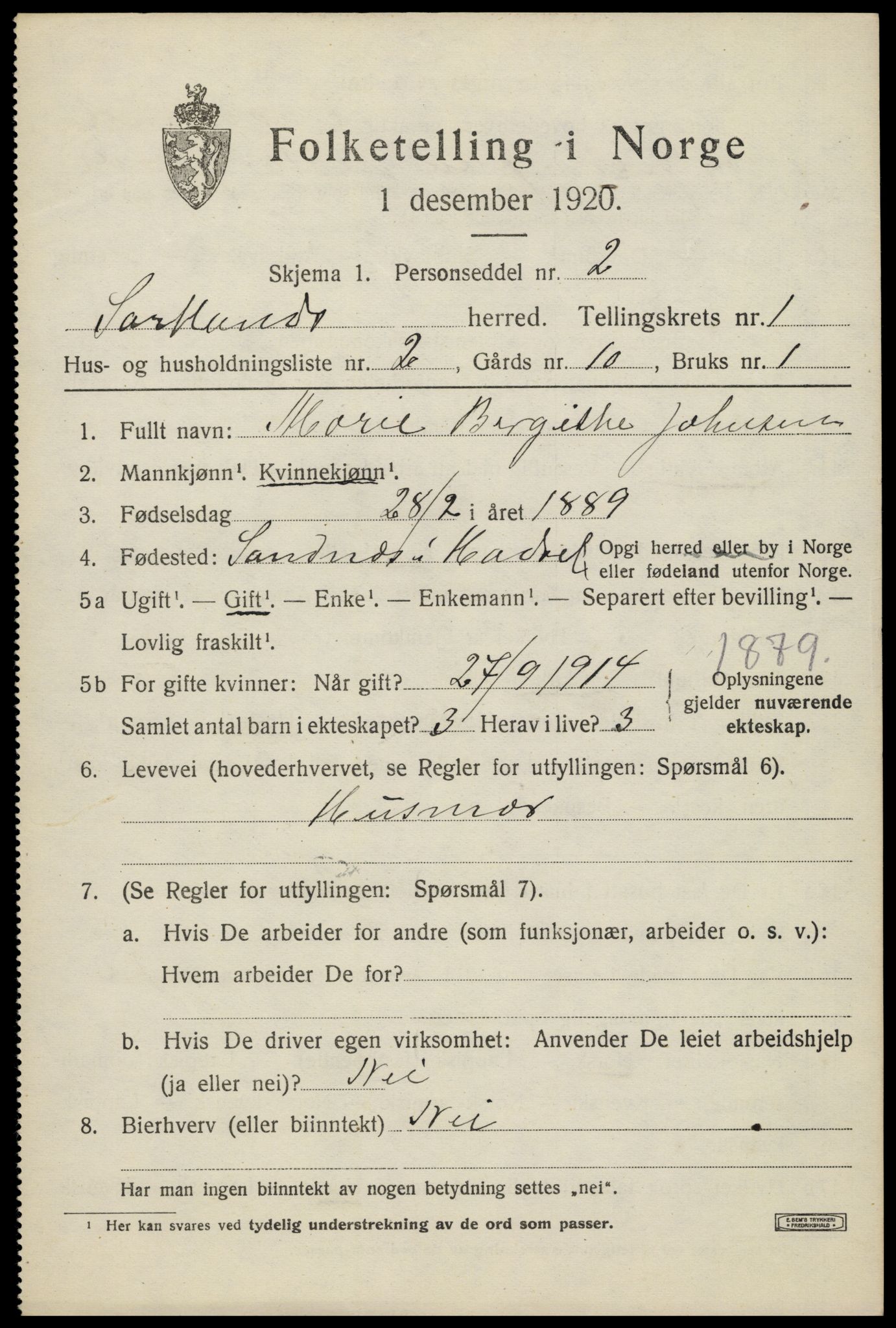 SAT, 1920 census for Sortland, 1920, p. 1572