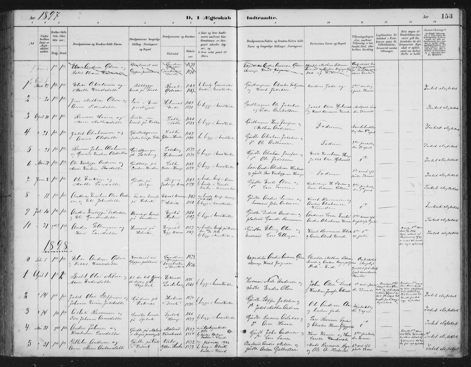 Gloppen sokneprestembete, SAB/A-80101/H/Hab/Habb/L0002: Parish register (copy) no. B 2, 1889-1909, p. 153