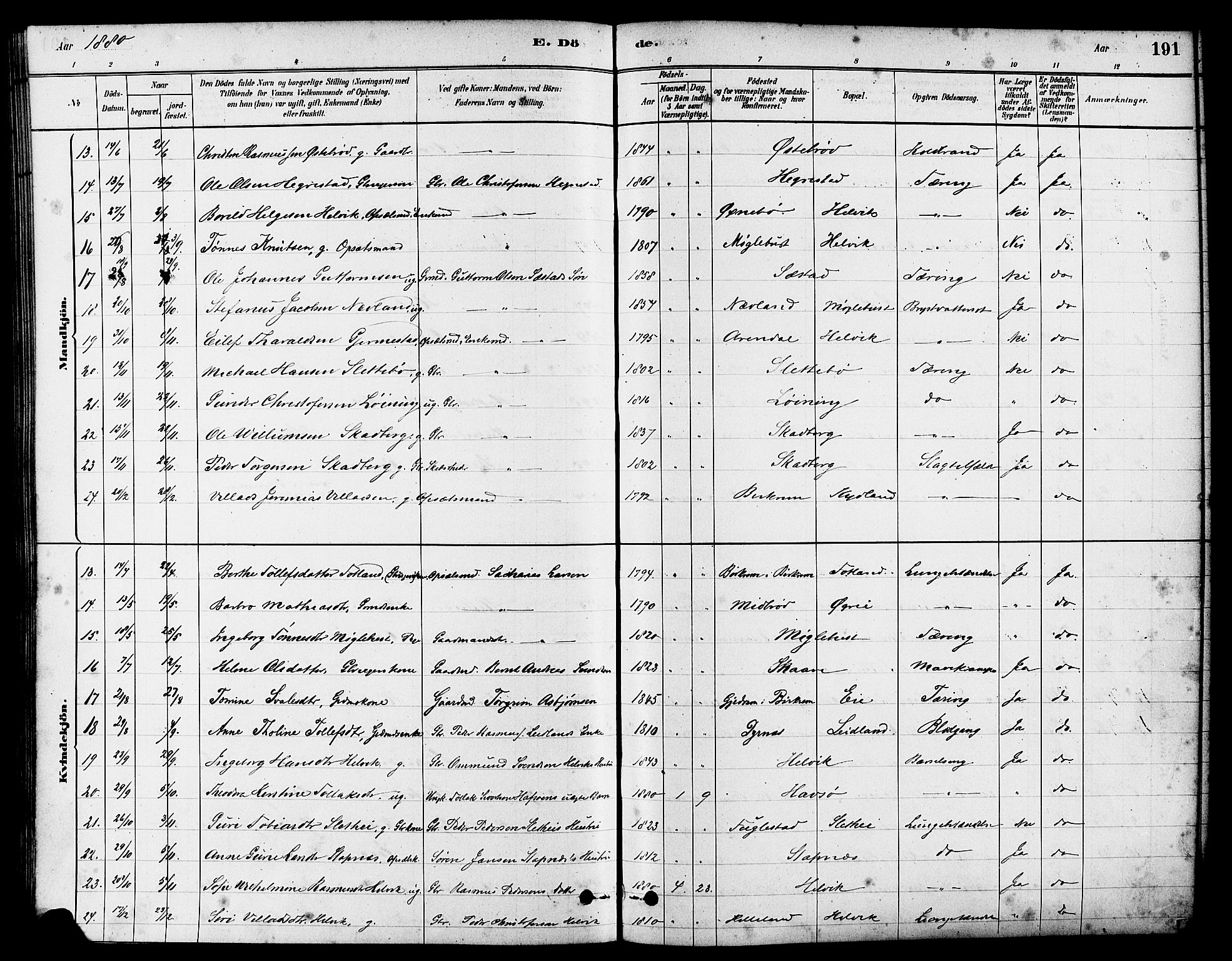 Eigersund sokneprestkontor, AV/SAST-A-101807/S08/L0017: Parish register (official) no. A 14, 1879-1892, p. 191