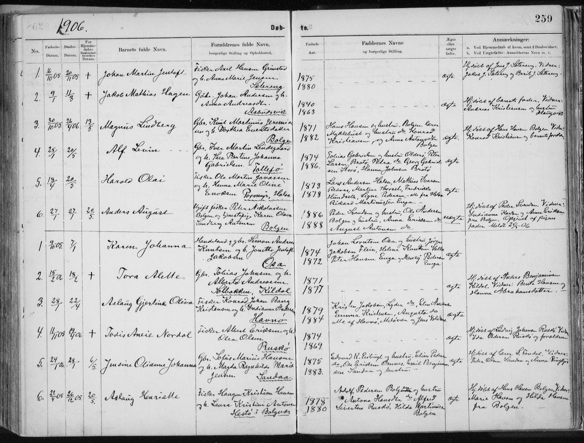 Ministerialprotokoller, klokkerbøker og fødselsregistre - Nordland, AV/SAT-A-1459/843/L0636: Parish register (copy) no. 843C05, 1884-1909, p. 259