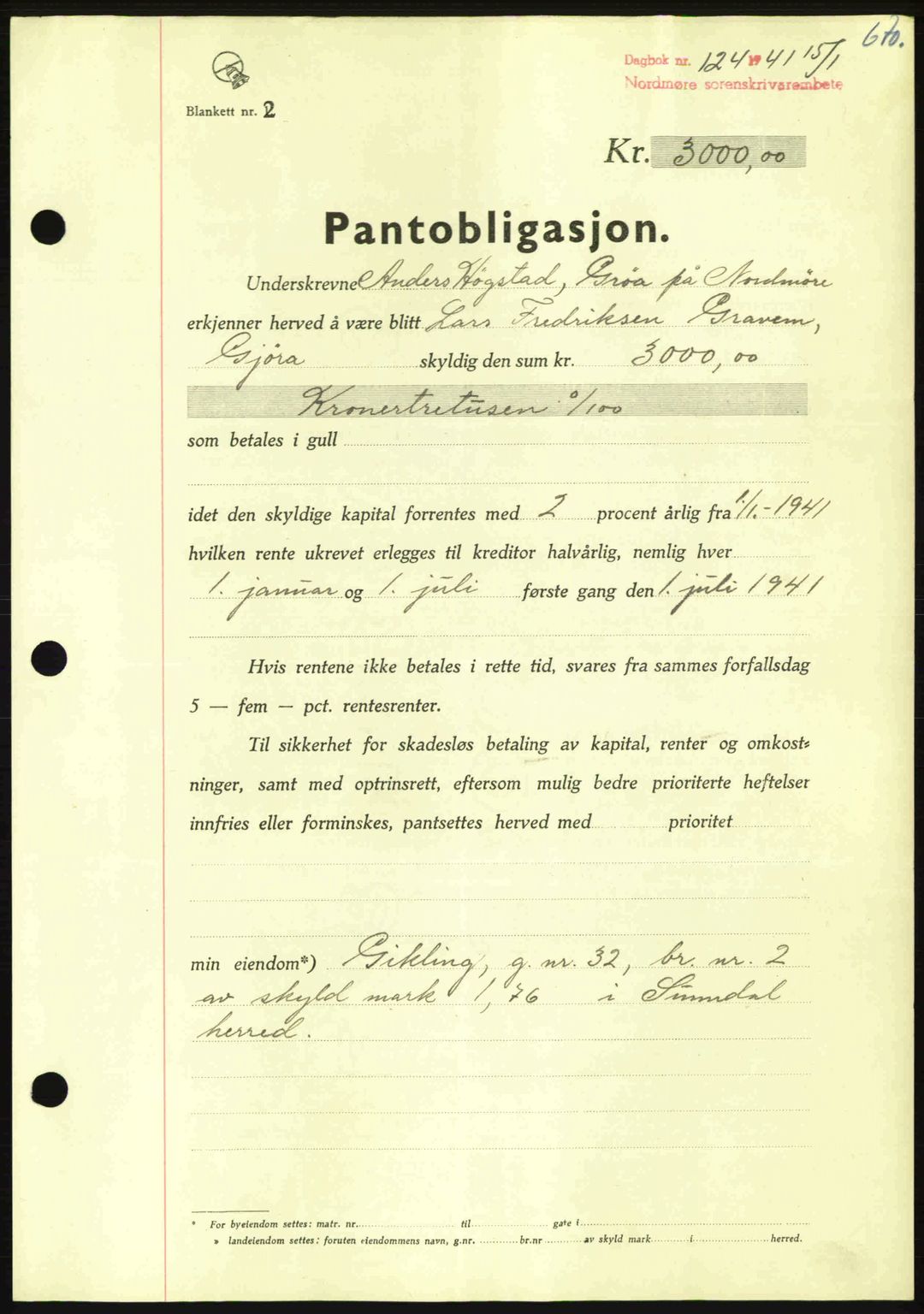 Nordmøre sorenskriveri, AV/SAT-A-4132/1/2/2Ca: Mortgage book no. B87, 1940-1941, Diary no: : 124/1941