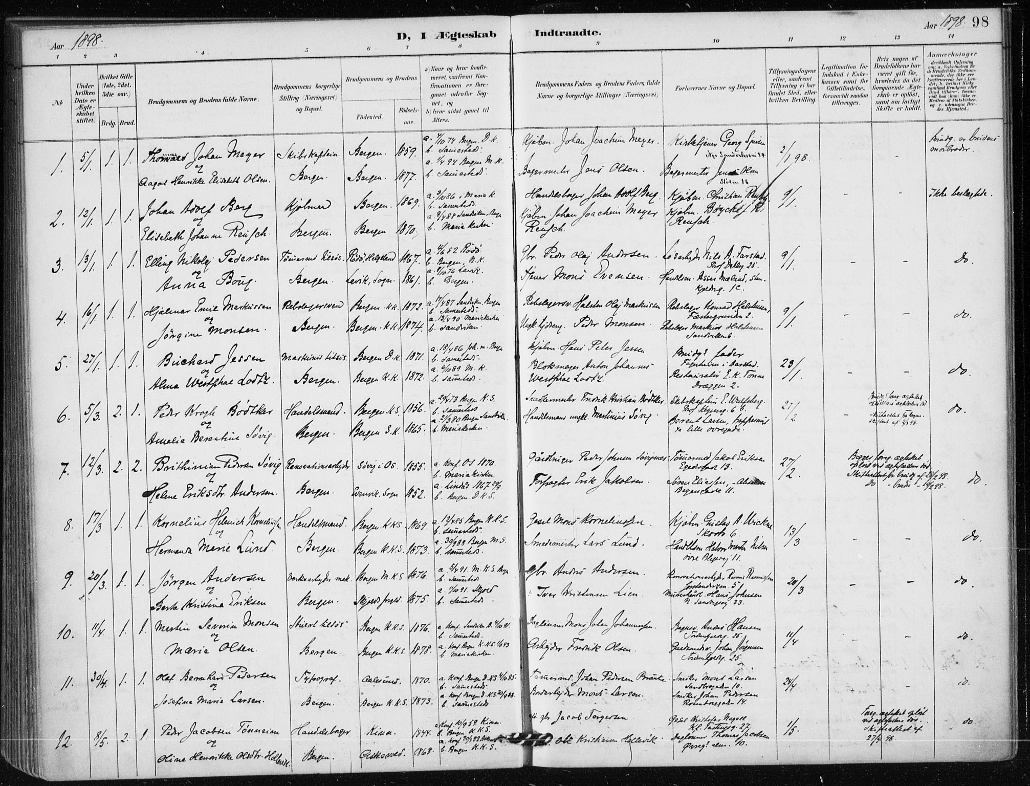 Mariakirken Sokneprestembete, SAB/A-76901/H/Haa/L0013: Parish register (official) no. C 1, 1889-1900, p. 98