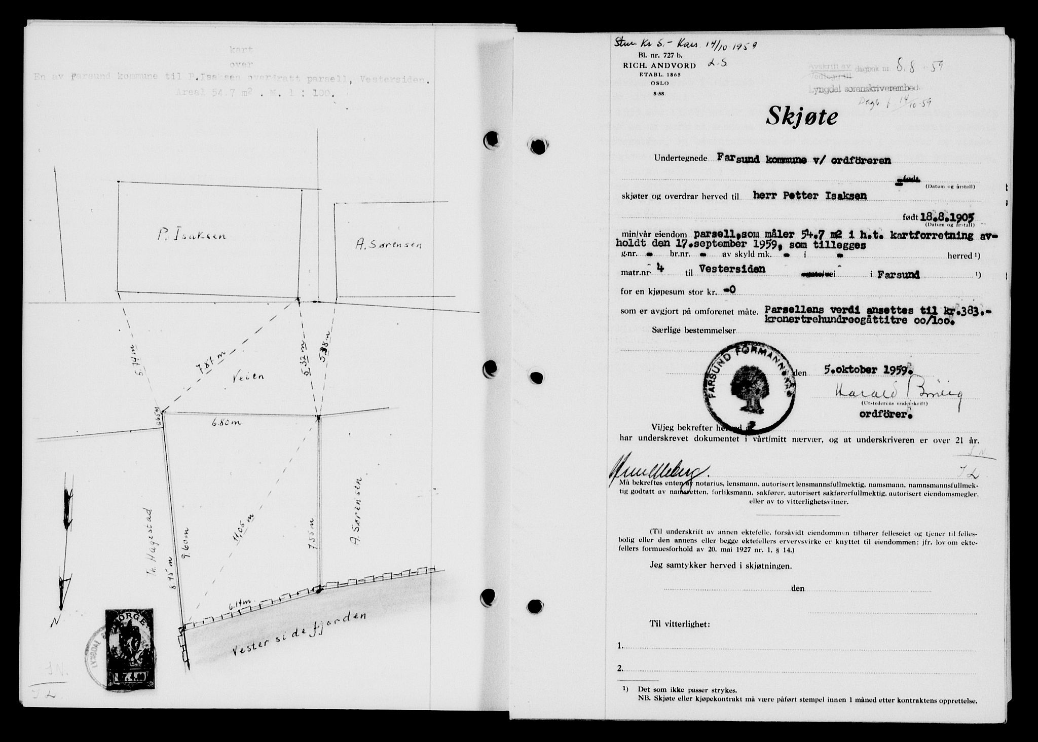 Lyngdal sorenskriveri, AV/SAK-1221-0004/G/Gb/L0679: Mortgage book no. A XXV, 1959-1960, Diary no: : 818/1959