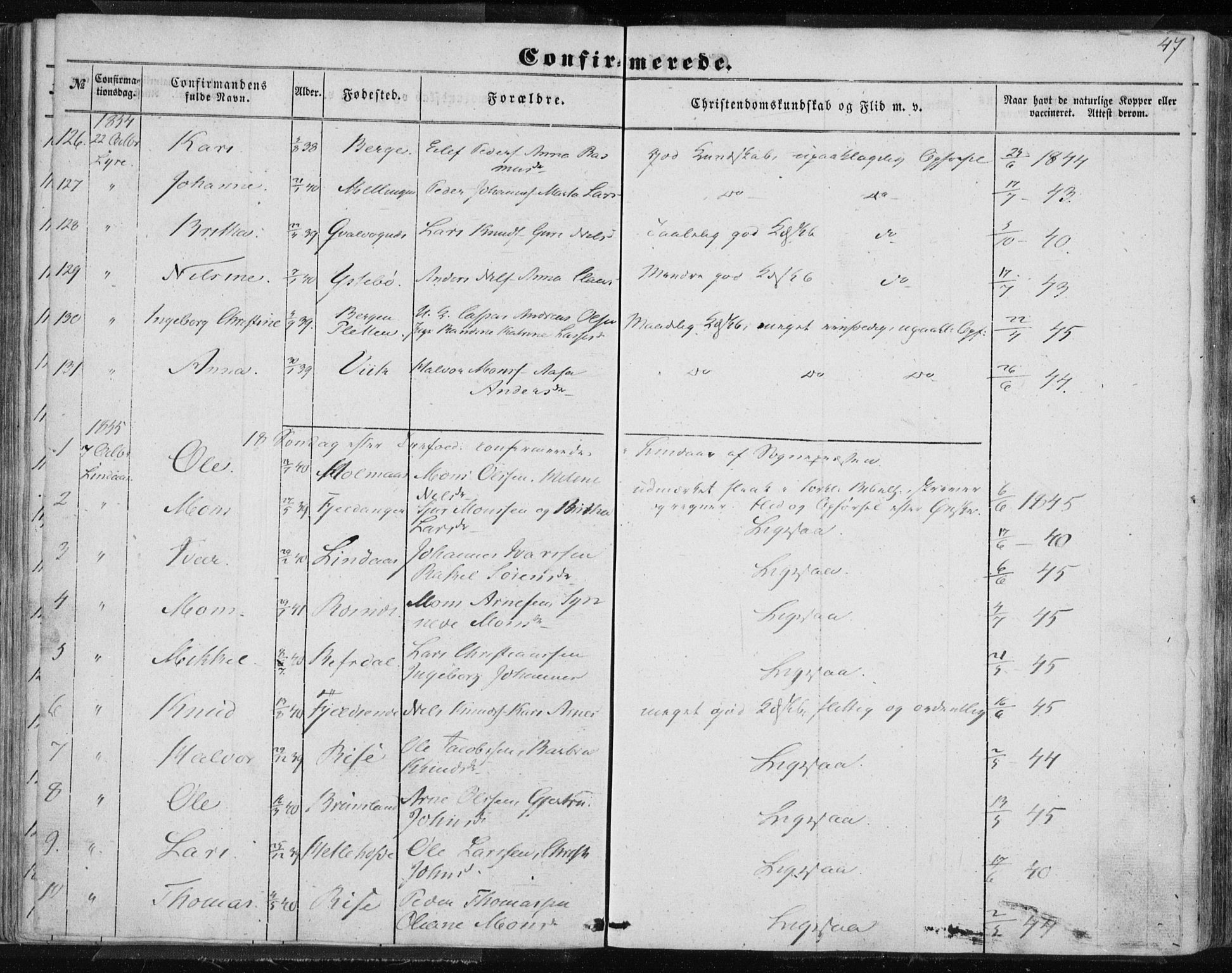 Lindås Sokneprestembete, SAB/A-76701/H/Haa: Parish register (official) no. A 13, 1848-1862, p. 47