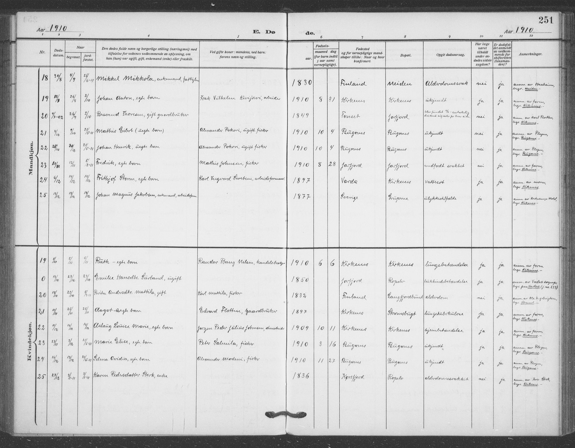 Sør-Varanger sokneprestkontor, AV/SATØ-S-1331/H/Ha/L0005kirke: Parish register (official) no. 5, 1909-1919, p. 251