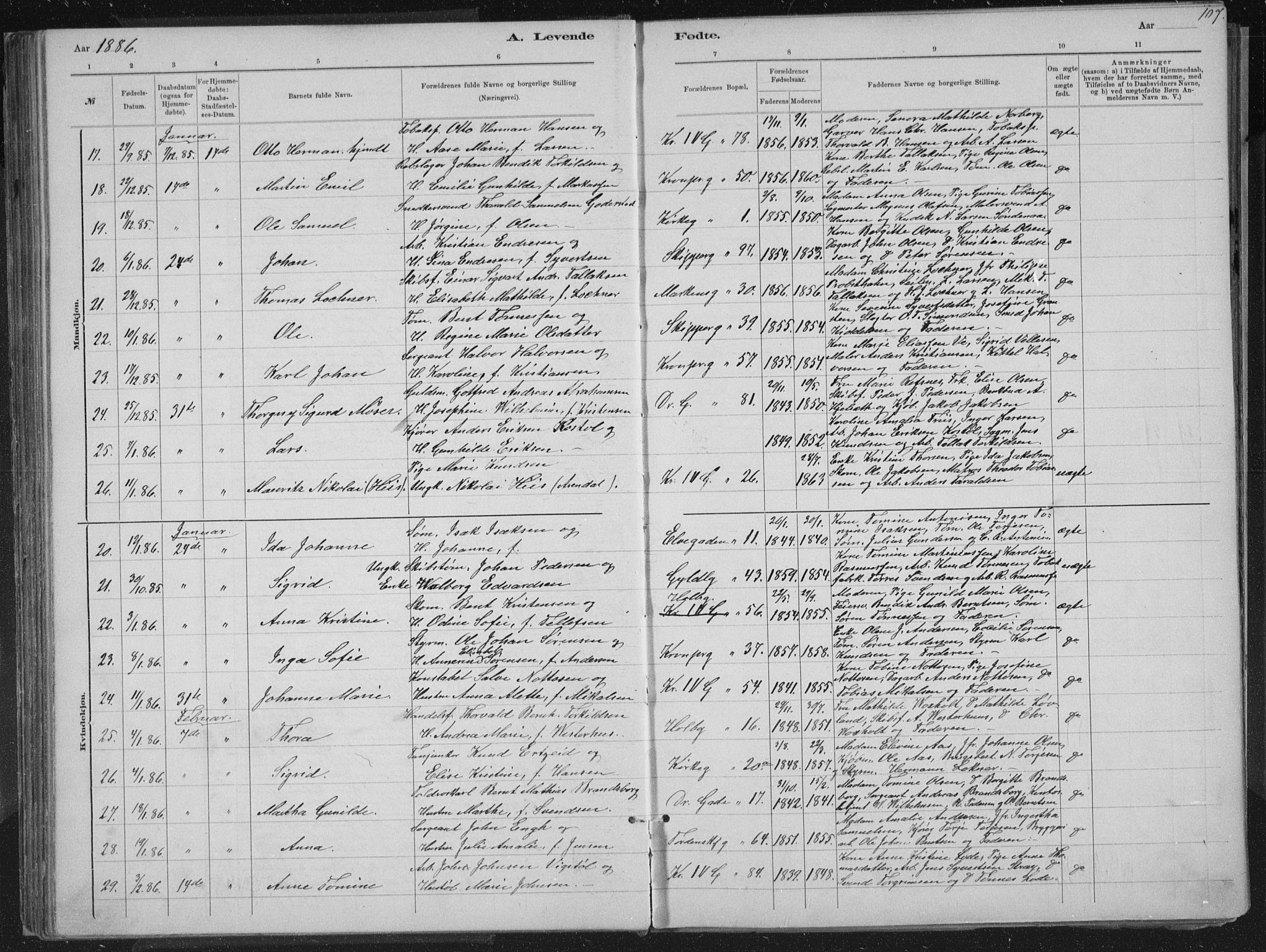 Kristiansand domprosti, SAK/1112-0006/F/Fb/L0014: Parish register (copy) no. B 14, 1881-1896, p. 107