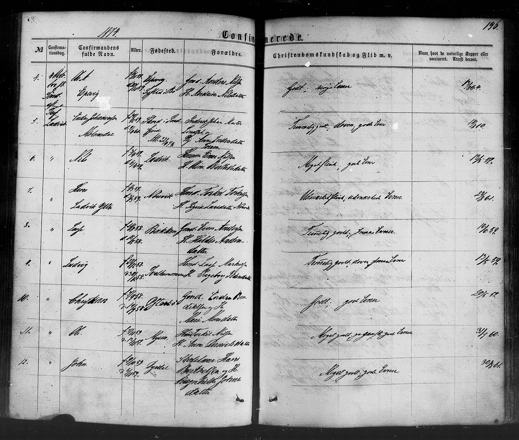 Lavik sokneprestembete, SAB/A-80901: Parish register (official) no. A 4, 1864-1881, p. 196