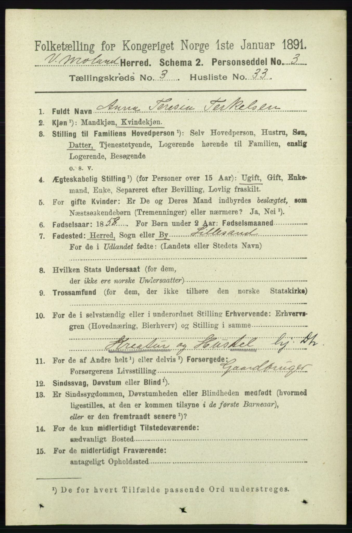 RA, 1891 census for 0926 Vestre Moland, 1891, p. 1135