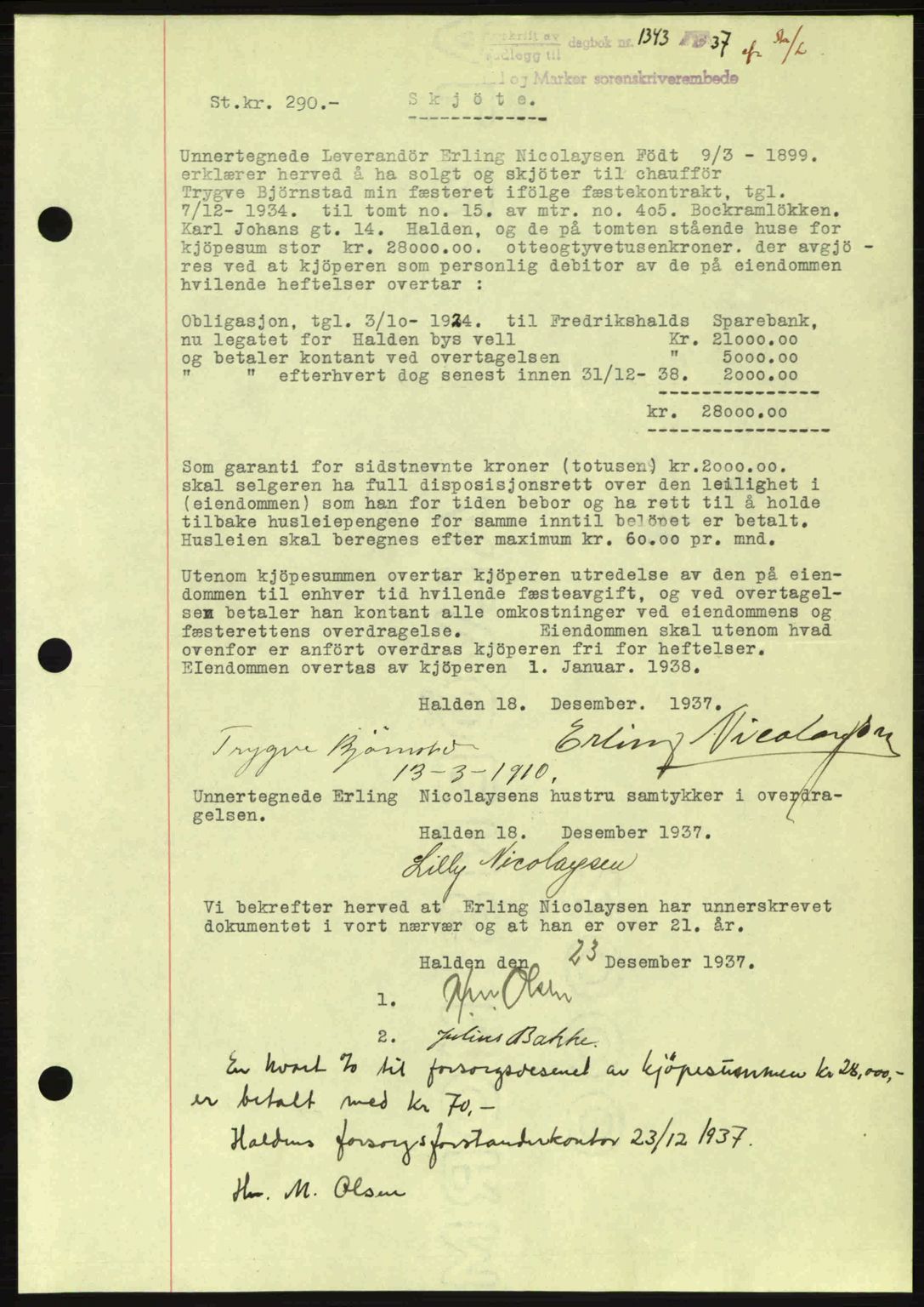 Idd og Marker sorenskriveri, AV/SAO-A-10283/G/Gb/Gbb/L0002: Mortgage book no. A2, 1937-1938, Diary no: : 1343/1937