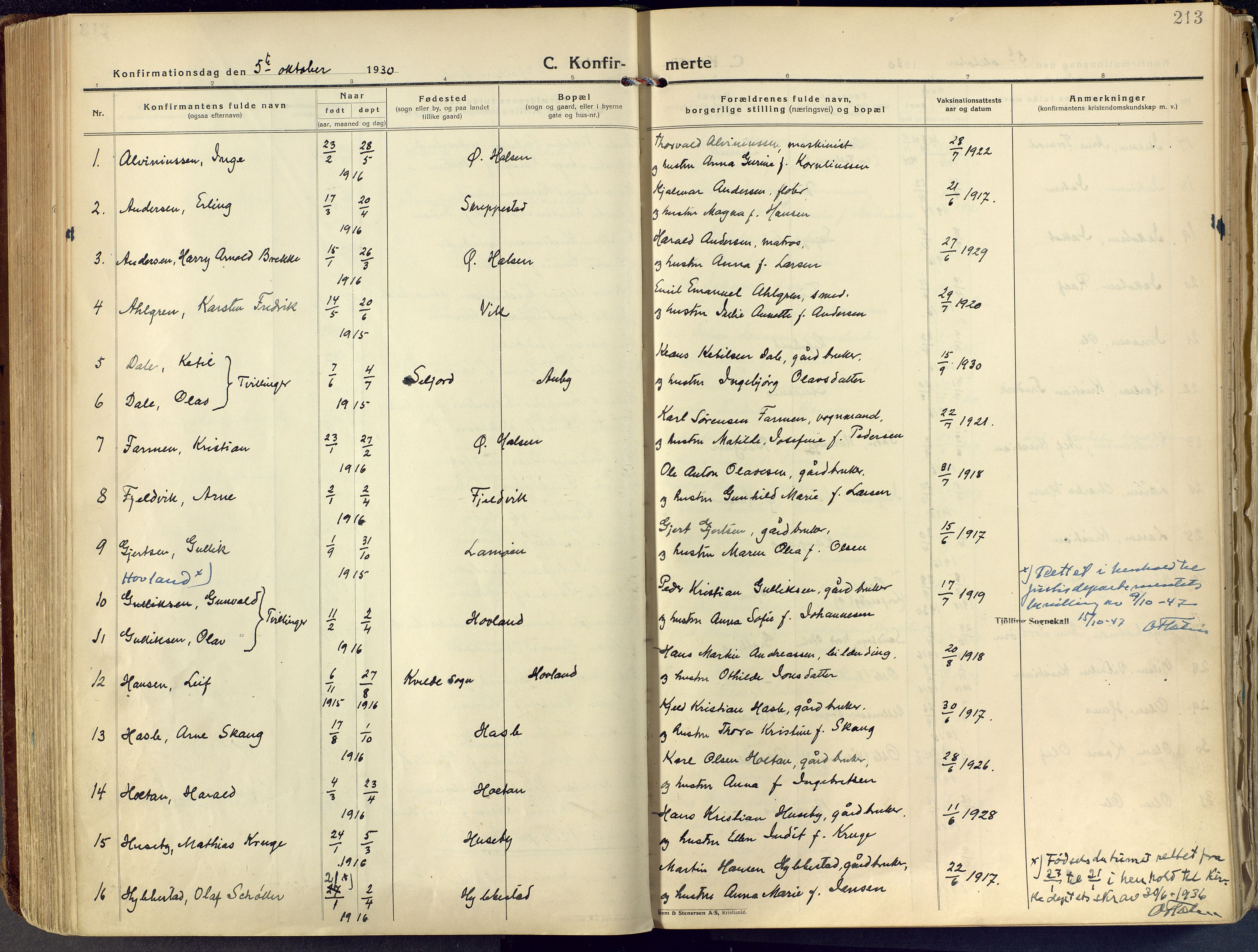 Tjølling kirkebøker, AV/SAKO-A-60/F/Fa/L0011: Parish register (official) no. 11, 1924-1943, p. 213