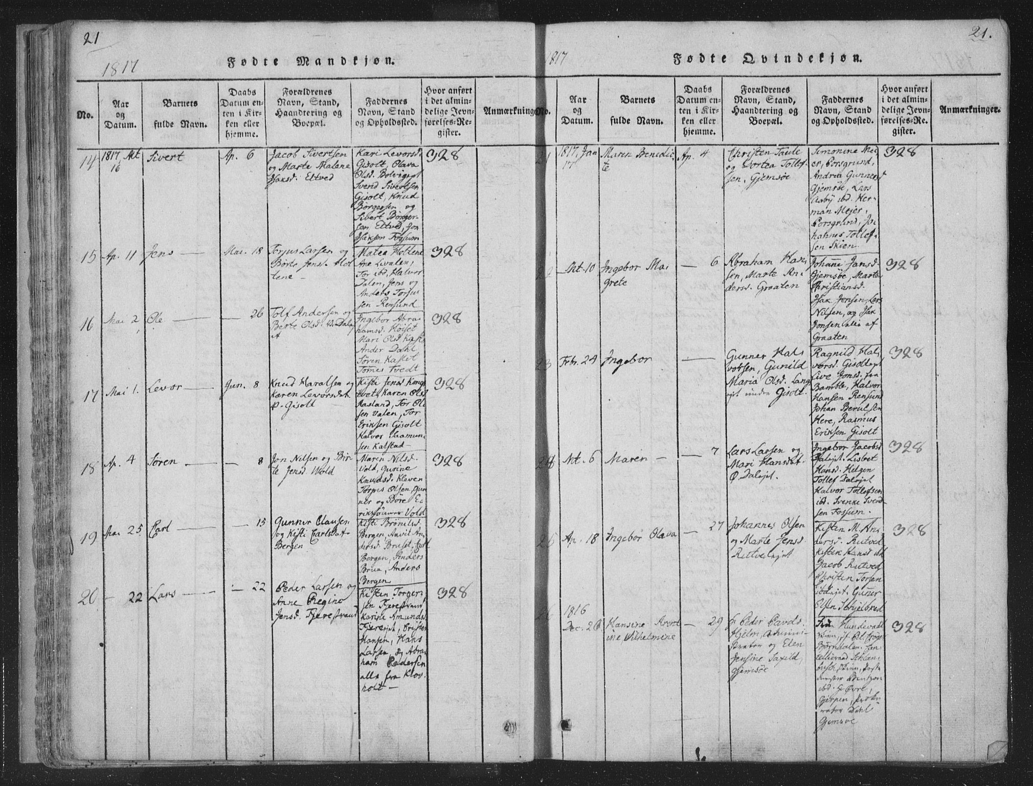 Solum kirkebøker, AV/SAKO-A-306/F/Fa/L0004: Parish register (official) no. I 4, 1814-1833, p. 21