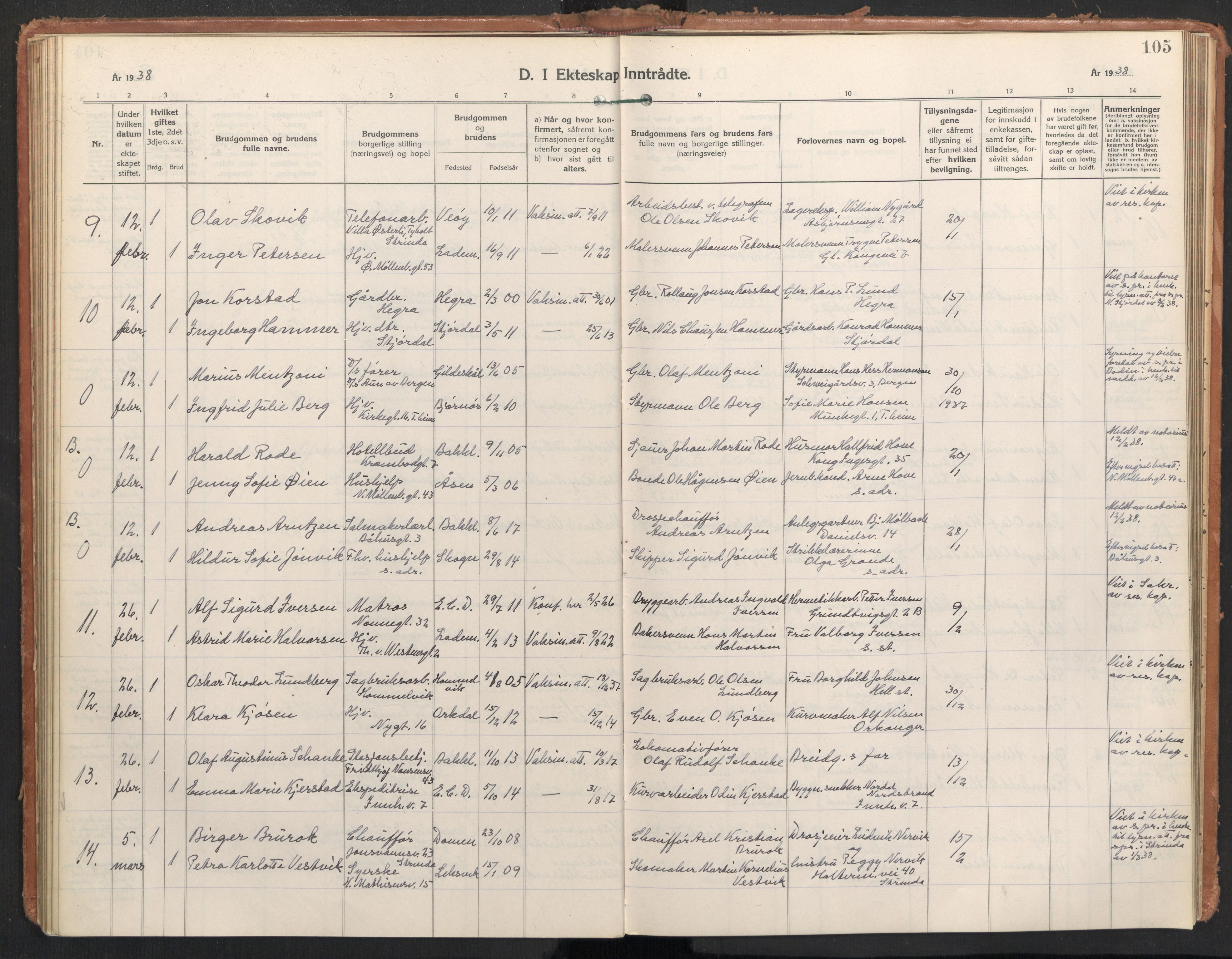 Ministerialprotokoller, klokkerbøker og fødselsregistre - Sør-Trøndelag, SAT/A-1456/604/L0209: Parish register (official) no. 604A29, 1931-1945, p. 105