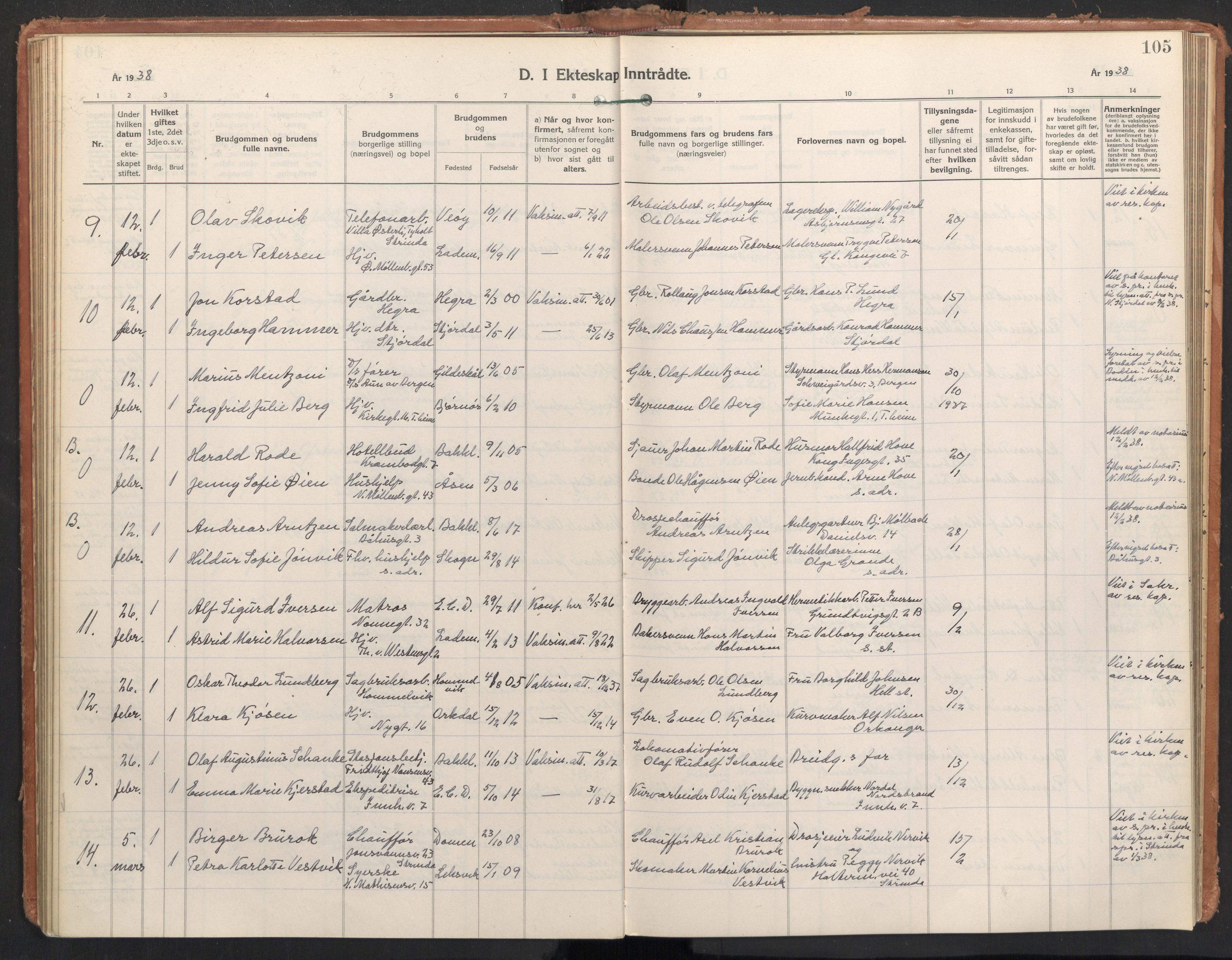 Ministerialprotokoller, klokkerbøker og fødselsregistre - Sør-Trøndelag, AV/SAT-A-1456/604/L0209: Parish register (official) no. 604A29, 1931-1945, p. 105