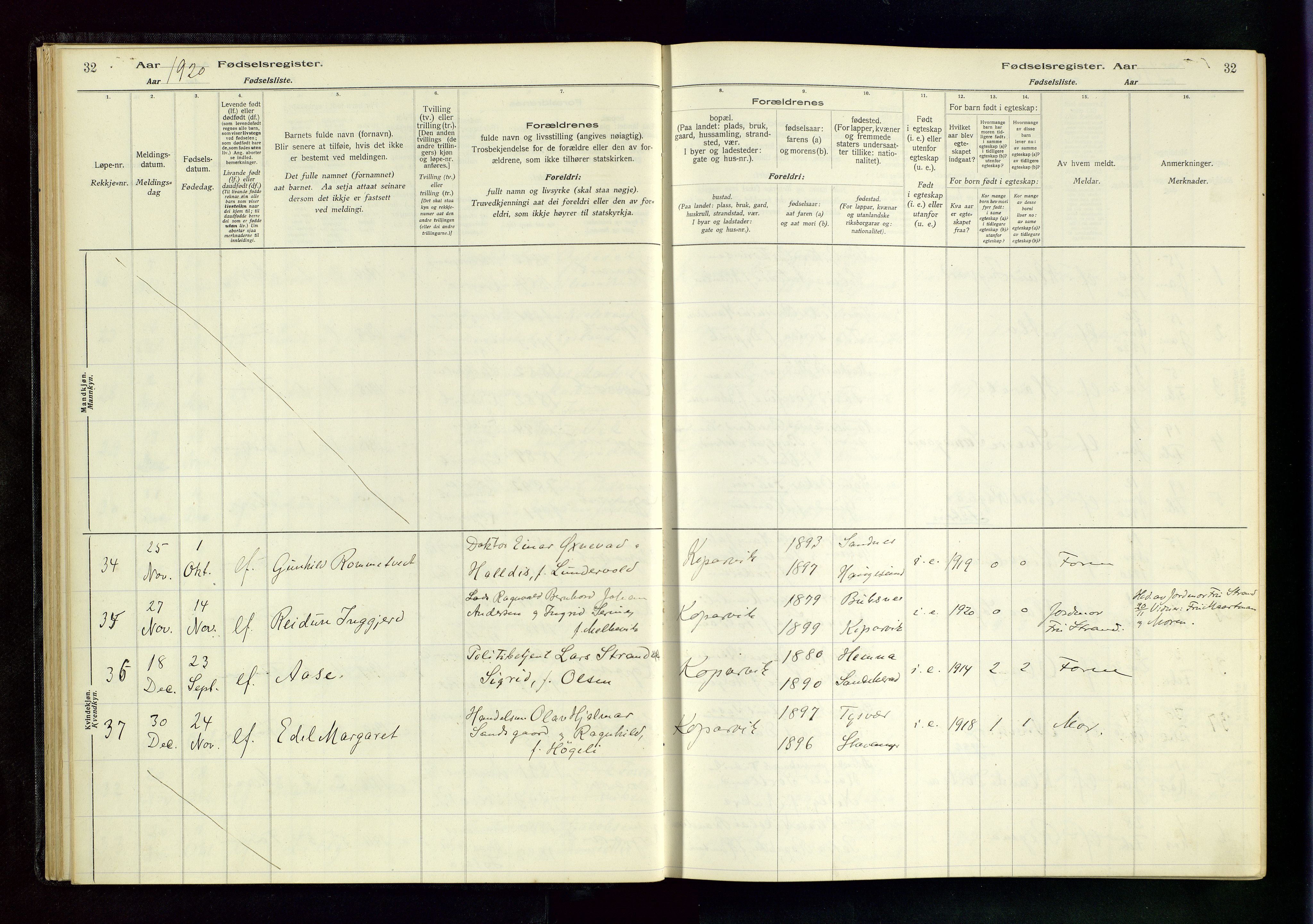 Kopervik sokneprestkontor, AV/SAST-A-101850/I/Id/L0001: Birth register no. 1, 1916-1952, p. 32