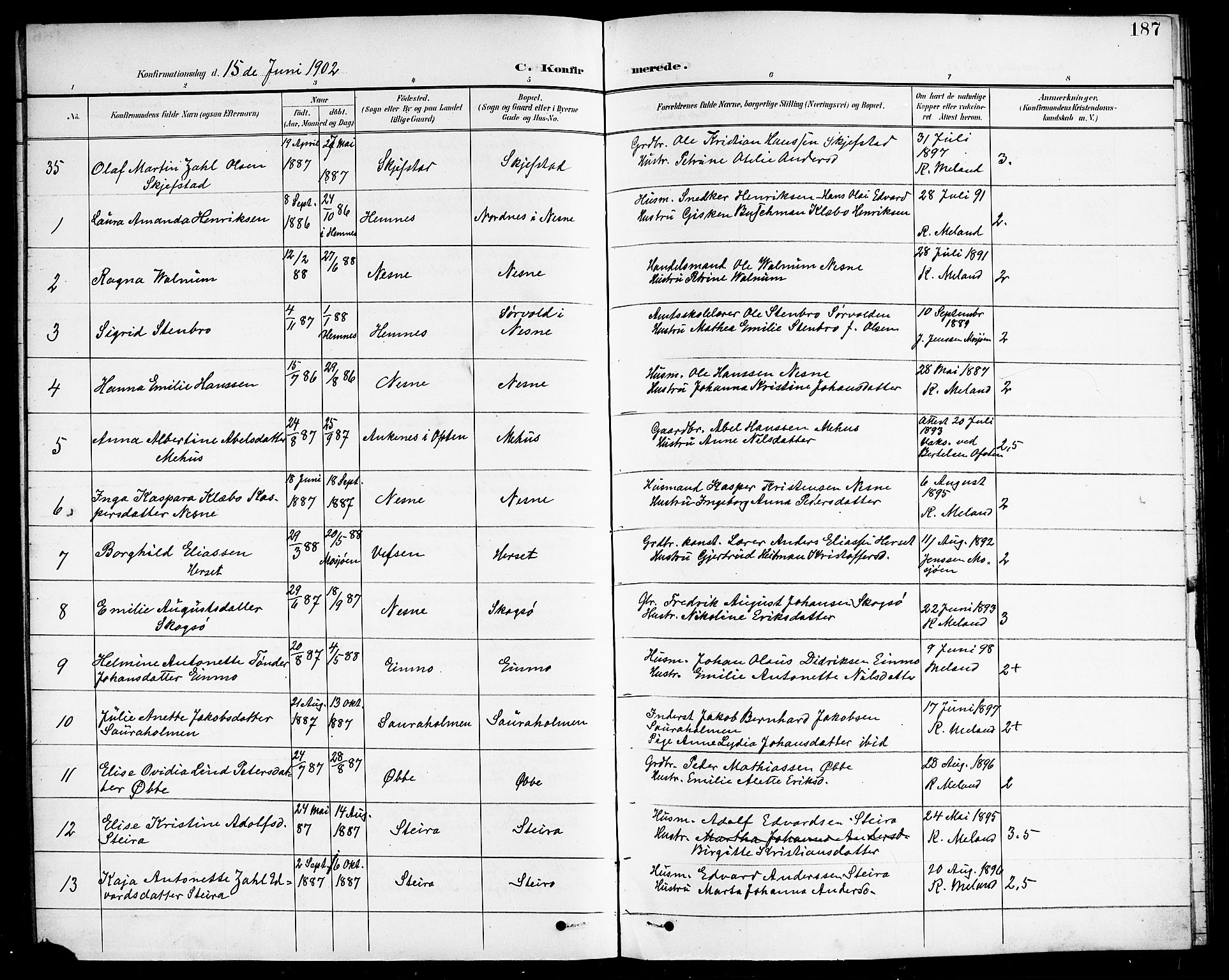 Ministerialprotokoller, klokkerbøker og fødselsregistre - Nordland, AV/SAT-A-1459/838/L0559: Parish register (copy) no. 838C06, 1893-1910, p. 187