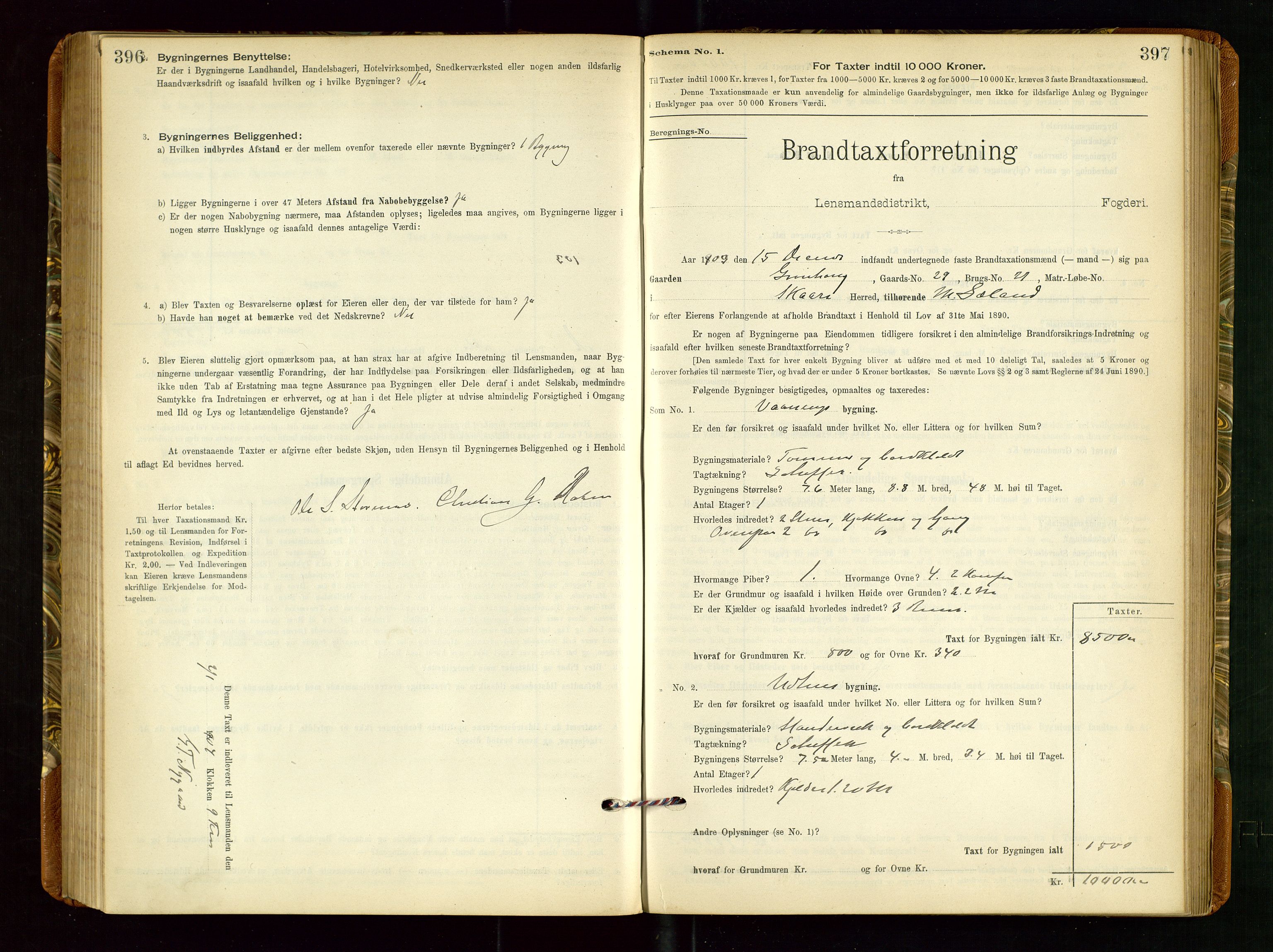 Torvestad lensmannskontor, SAST/A-100307/1/Gob/L0002: "Brandtakstprotokol for Lensmanden i Torvestad", 1900-1905, p. 396-397