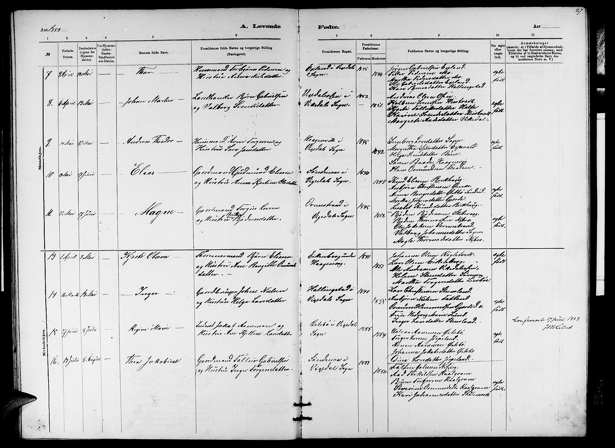 Vikedal sokneprestkontor, AV/SAST-A-101840/01/V: Parish register (copy) no. B 5, 1878-1888, p. 27