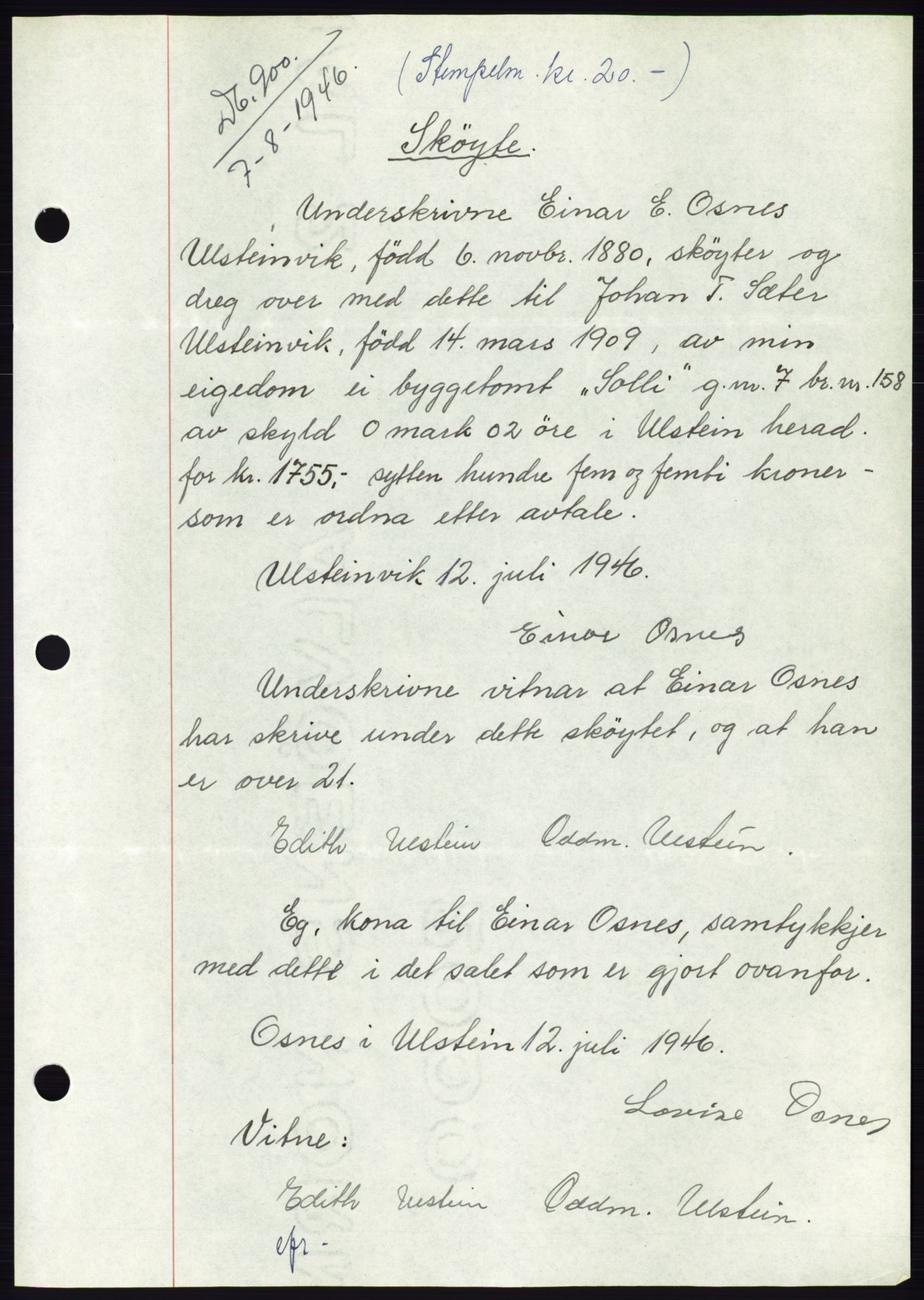 Søre Sunnmøre sorenskriveri, AV/SAT-A-4122/1/2/2C/L0078: Mortgage book no. 4A, 1946-1946, Diary no: : 900/1946