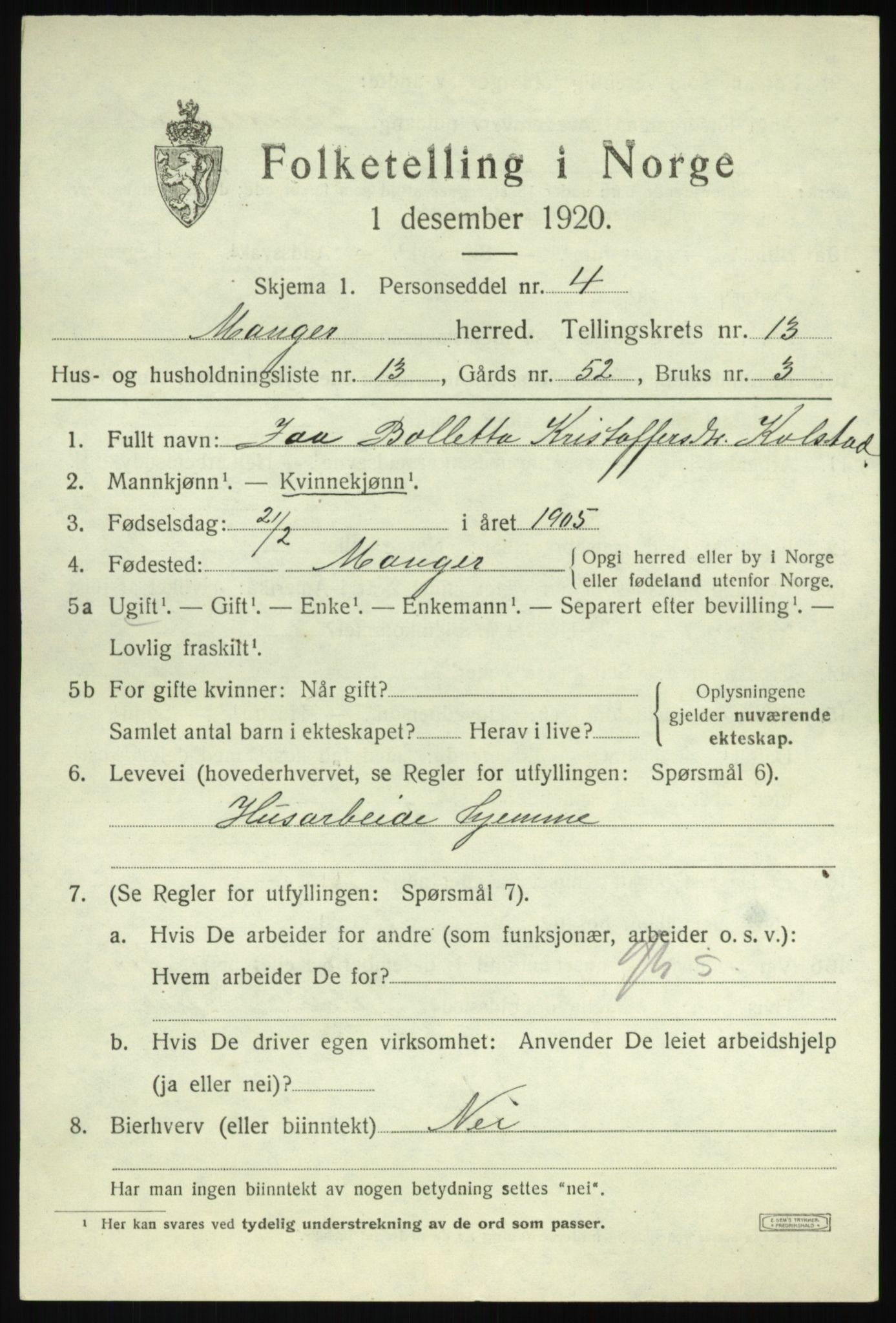 SAB, 1920 census for Manger, 1920, p. 7906