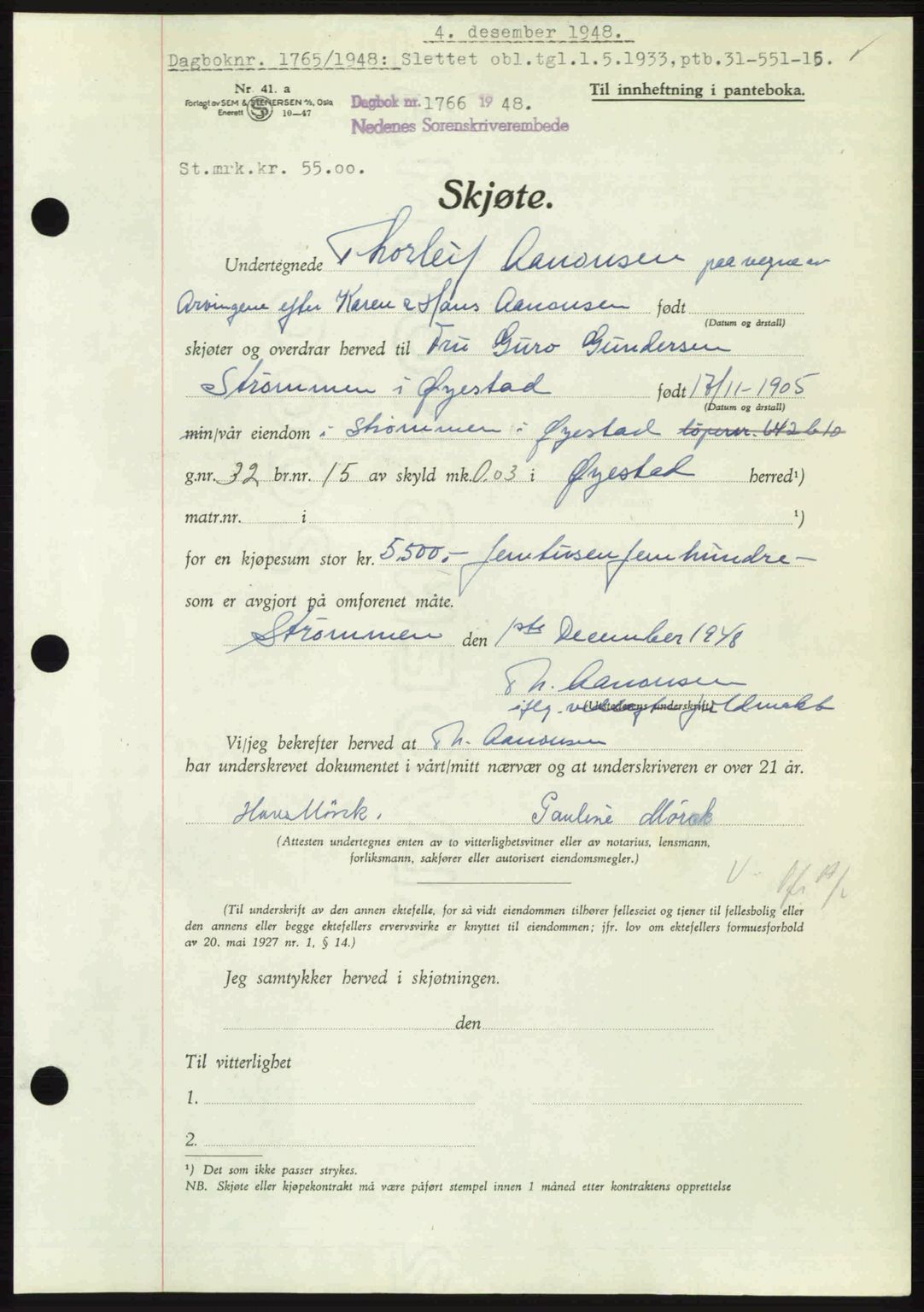 Nedenes sorenskriveri, AV/SAK-1221-0006/G/Gb/Gba/L0060: Mortgage book no. A12, 1948-1949, Diary no: : 1766/1948