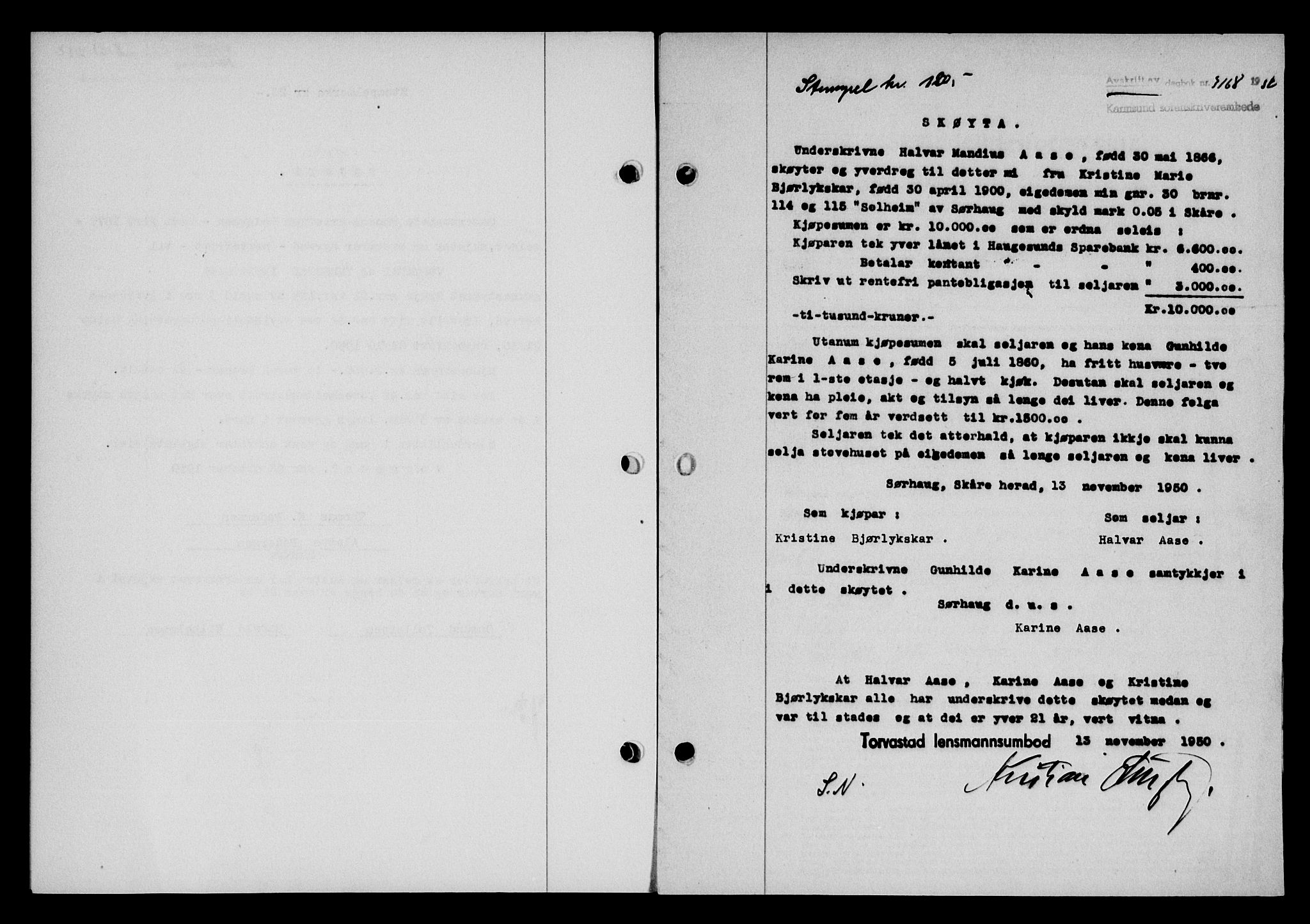 Karmsund sorenskriveri, SAST/A-100311/01/II/IIB/L0101: Mortgage book no. 81A, 1950-1951, Diary no: : 3168/1950
