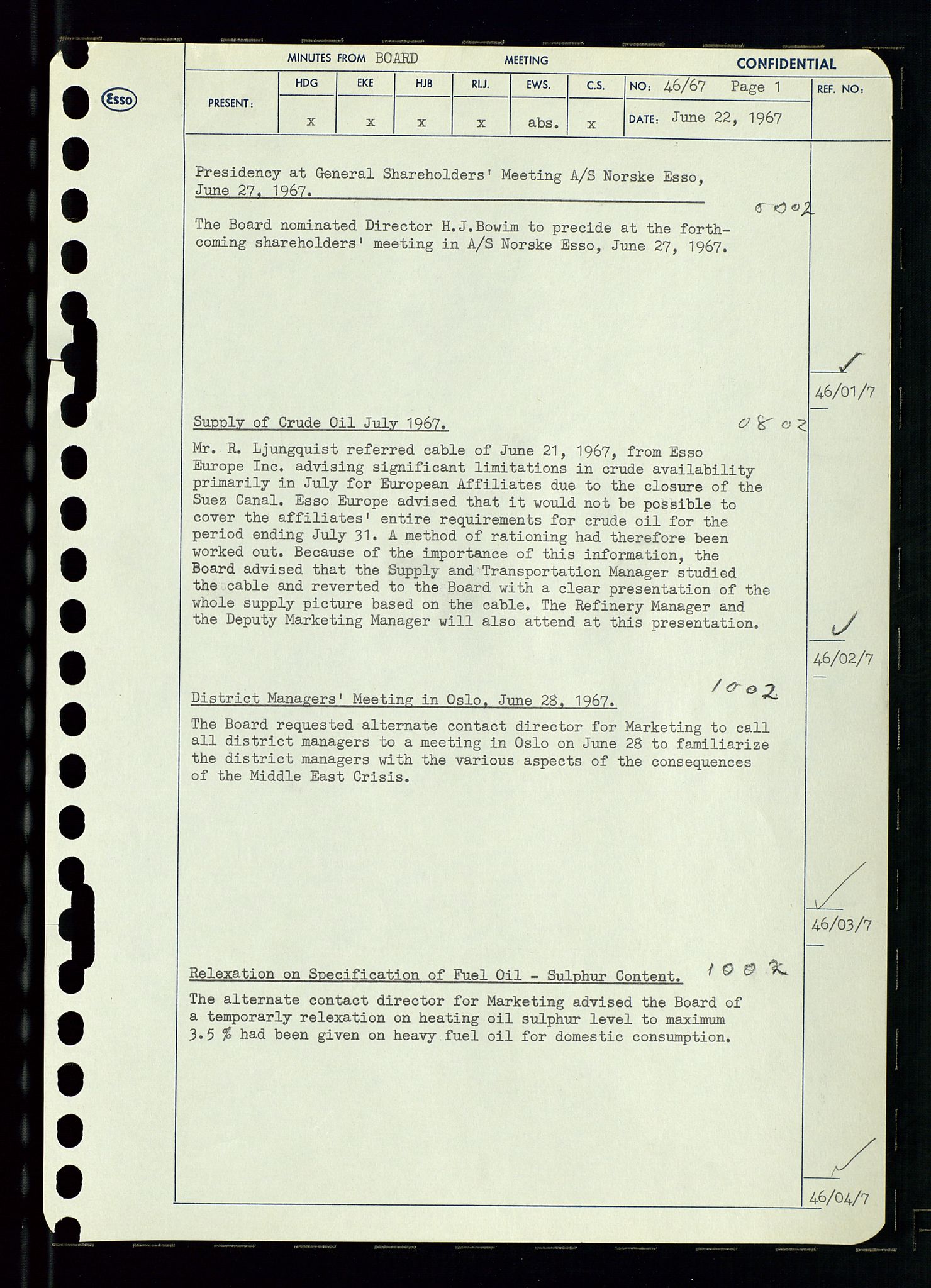 Pa 0982 - Esso Norge A/S, AV/SAST-A-100448/A/Aa/L0002/0003: Den administrerende direksjon Board minutes (styrereferater) / Den administrerende direksjon Board minutes (styrereferater), 1967, p. 93