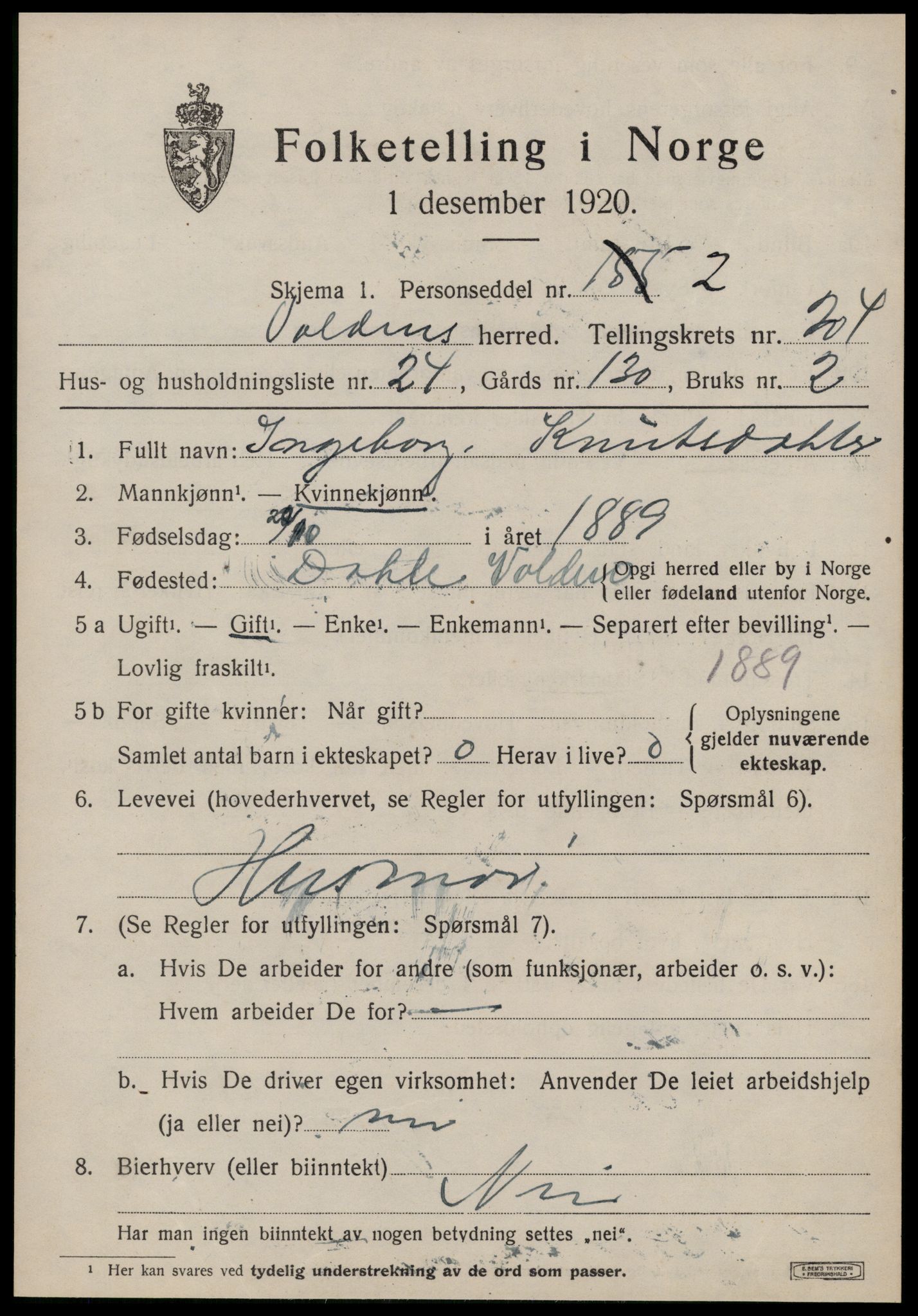 SAT, 1920 census for Volda, 1920, p. 12068