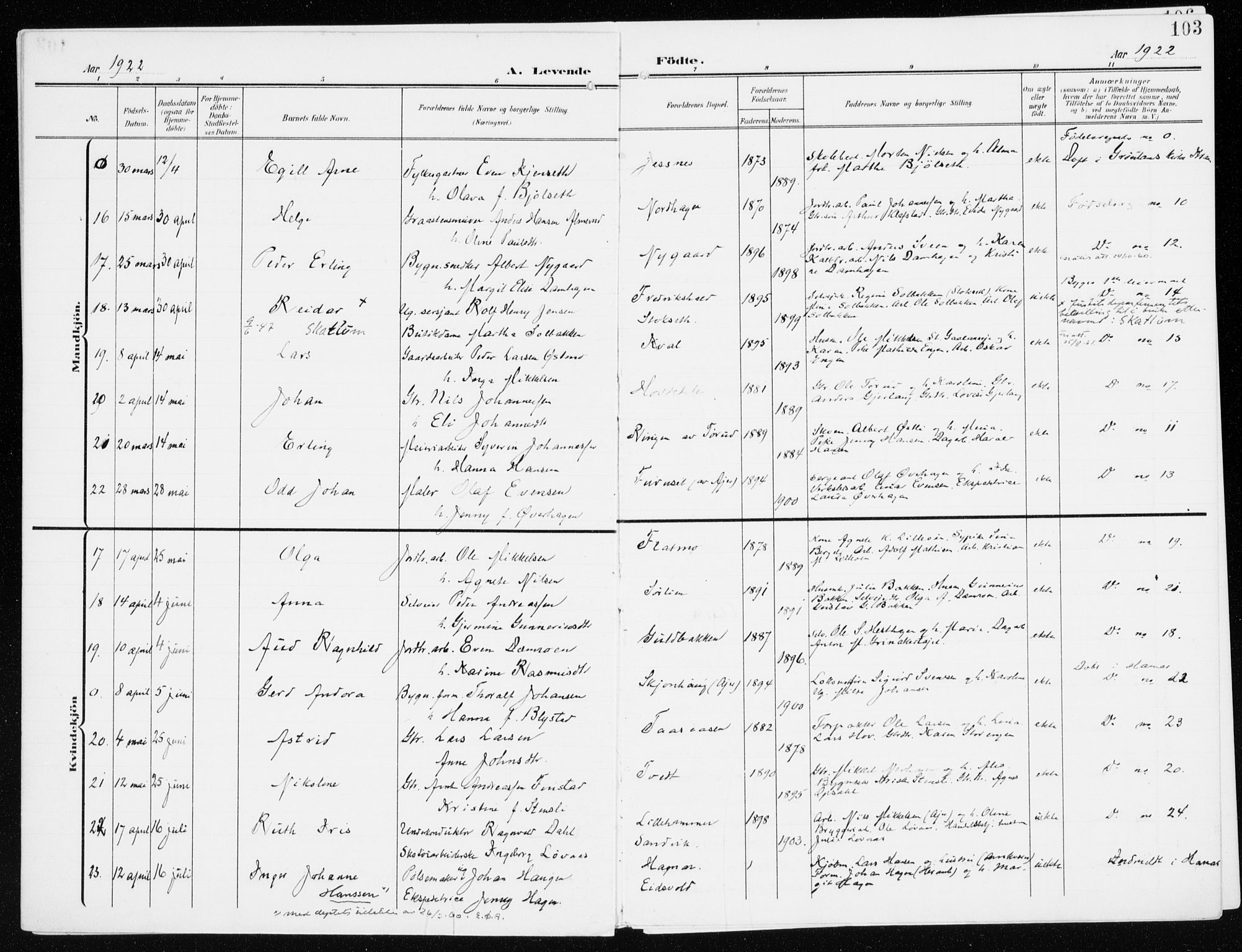 Furnes prestekontor, AV/SAH-PREST-012/K/Ka/L0001: Parish register (official) no. 1, 1907-1935, p. 103