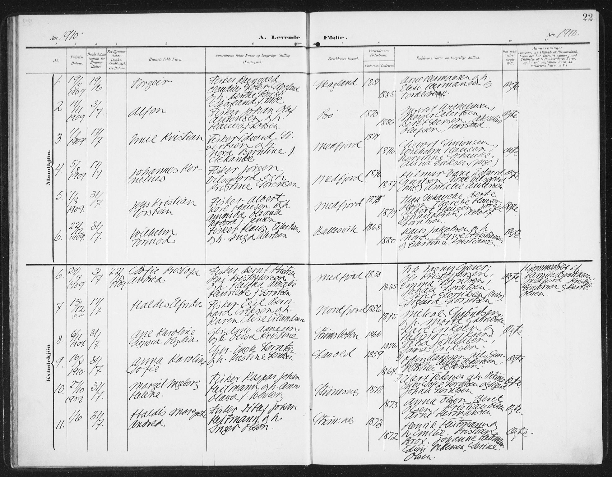 Berg sokneprestkontor, AV/SATØ-S-1318/G/Ga/Gaa/L0007kirke: Parish register (official) no. 7, 1906-1915, p. 22