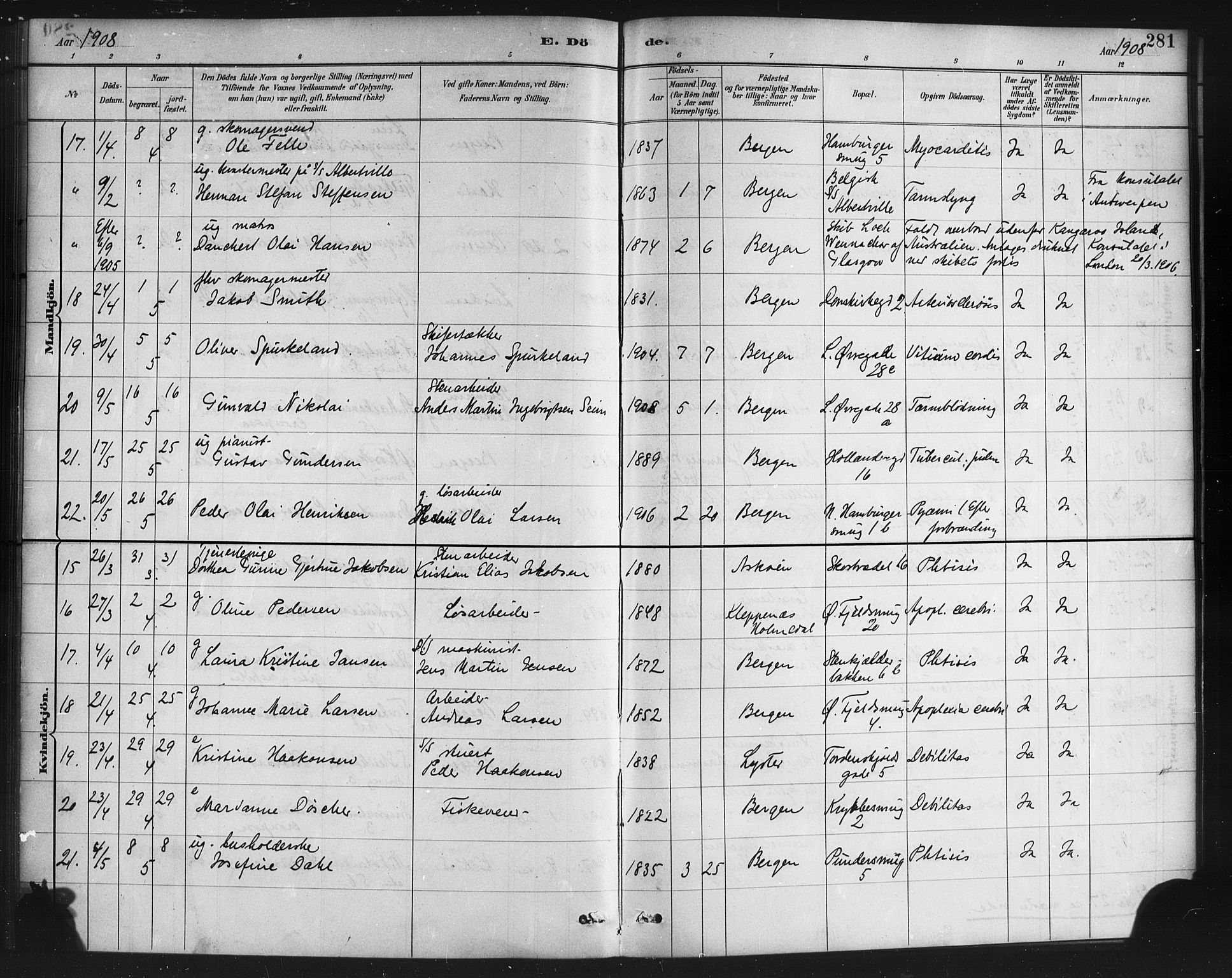 Korskirken sokneprestembete, AV/SAB-A-76101/H/Haa/L0047: Parish register (official) no. E 5, 1884-1910, p. 281