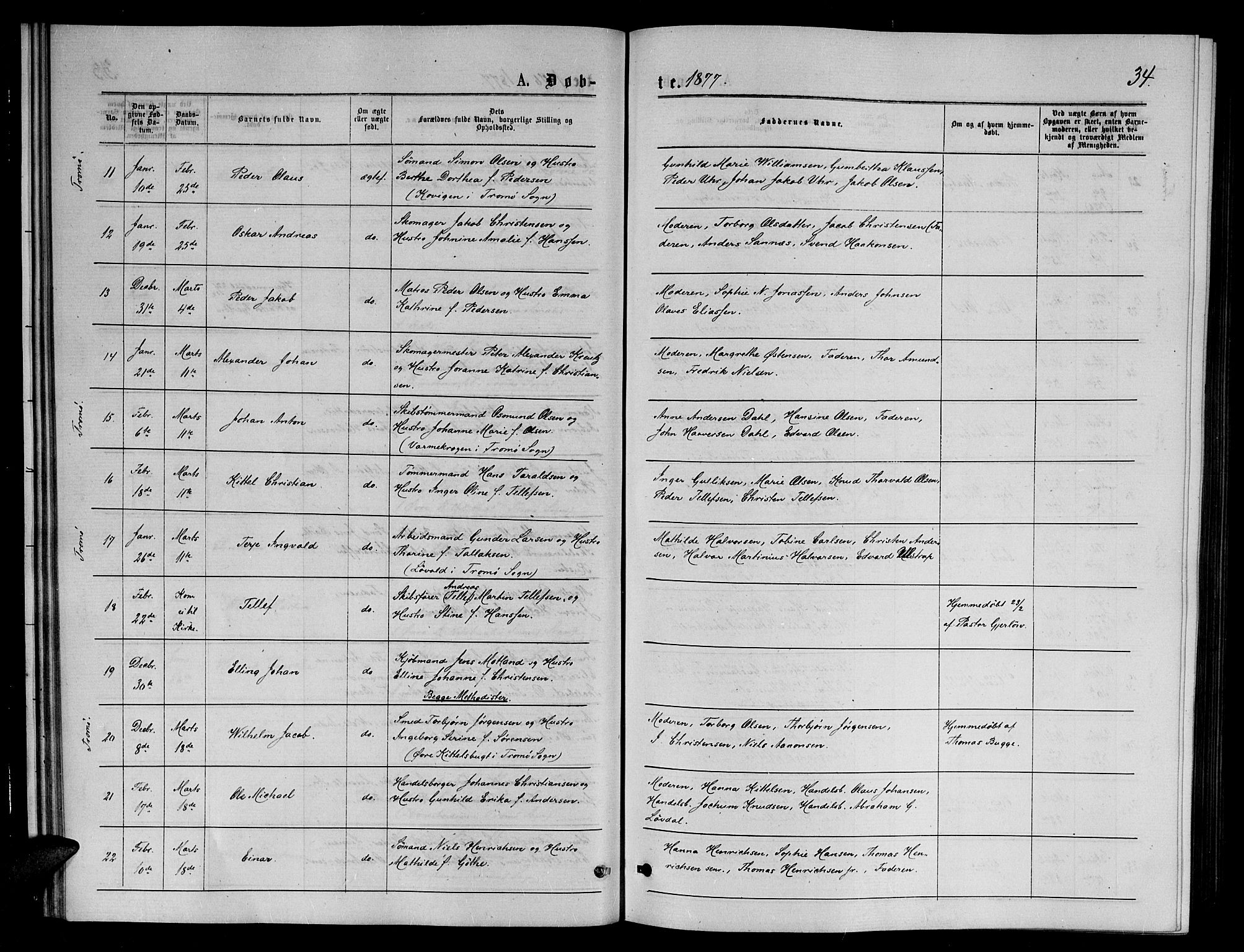 Arendal sokneprestkontor, Trefoldighet, SAK/1111-0040/F/Fb/L0005: Parish register (copy) no. B 5, 1874-1888, p. 34