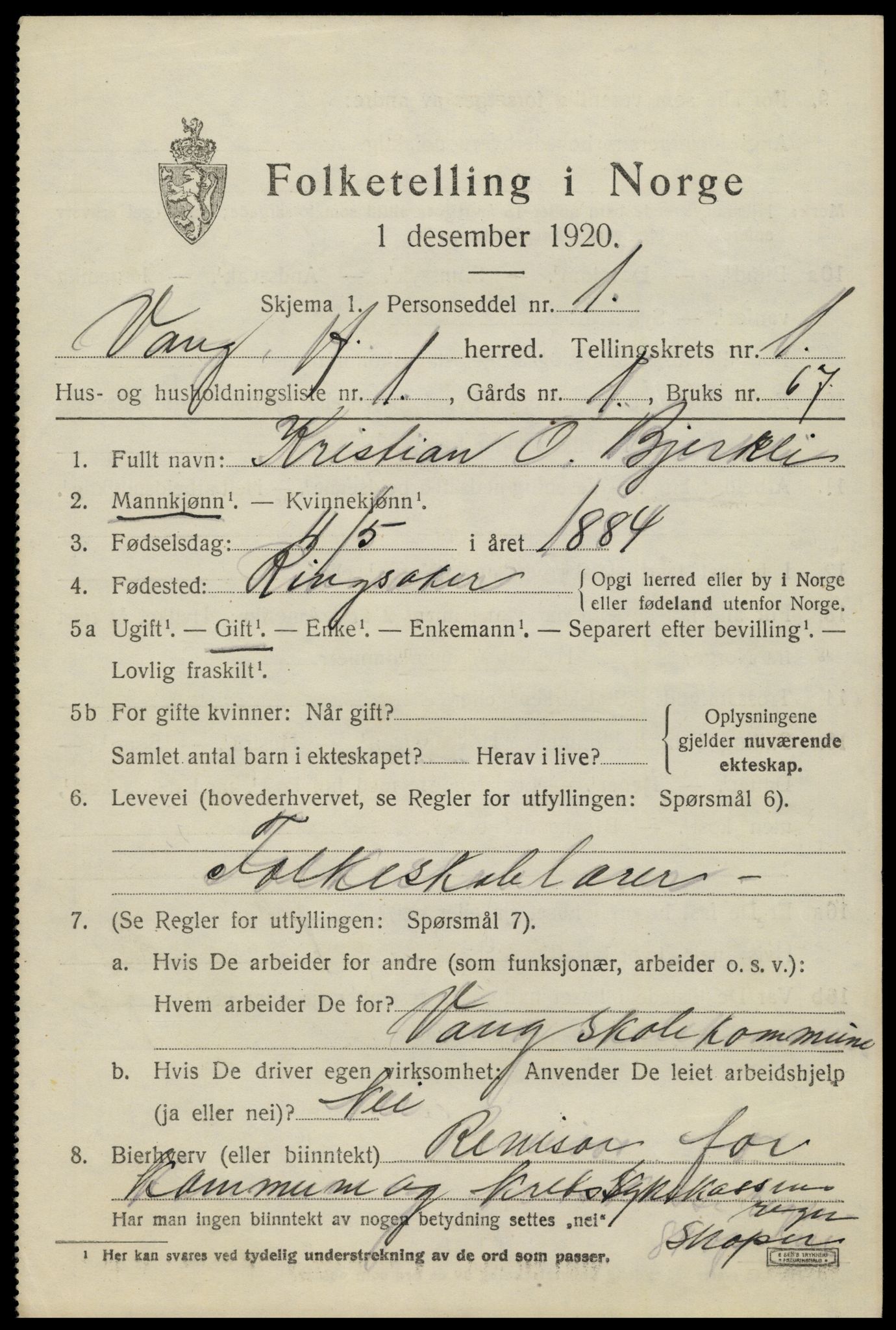 SAH, 1920 census for Vang (Hedmark), 1920, p. 2783