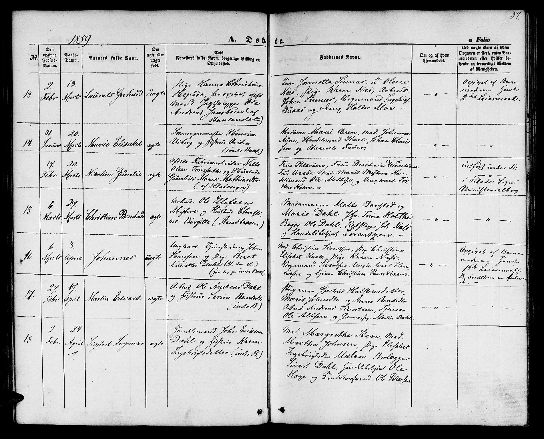 Ministerialprotokoller, klokkerbøker og fødselsregistre - Sør-Trøndelag, AV/SAT-A-1456/604/L0184: Parish register (official) no. 604A05, 1851-1860, p. 57