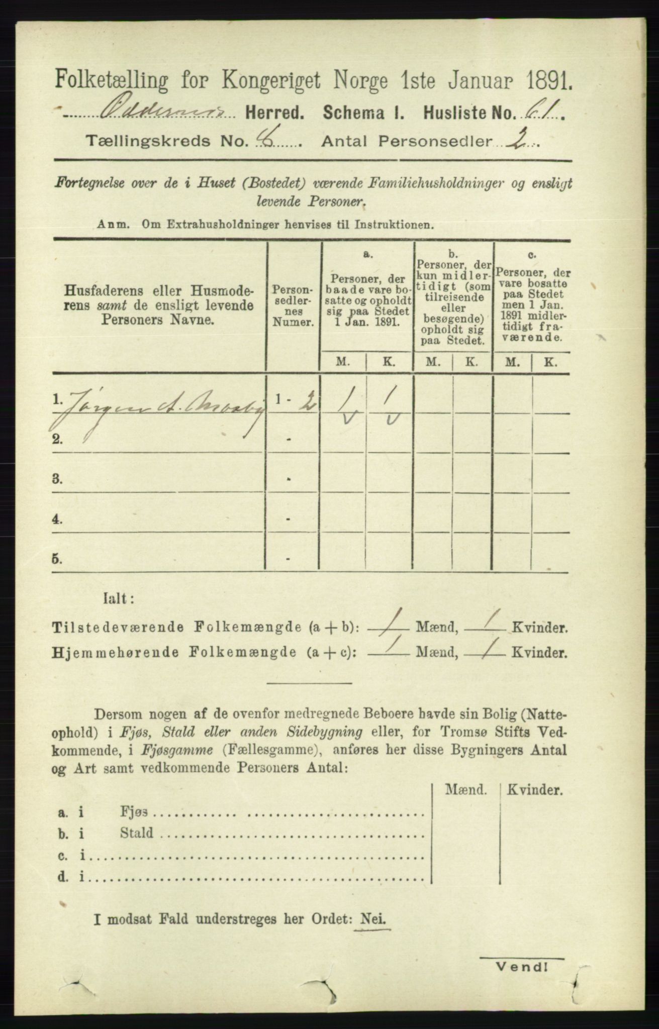 RA, 1891 census for 1012 Oddernes, 1891, p. 2693