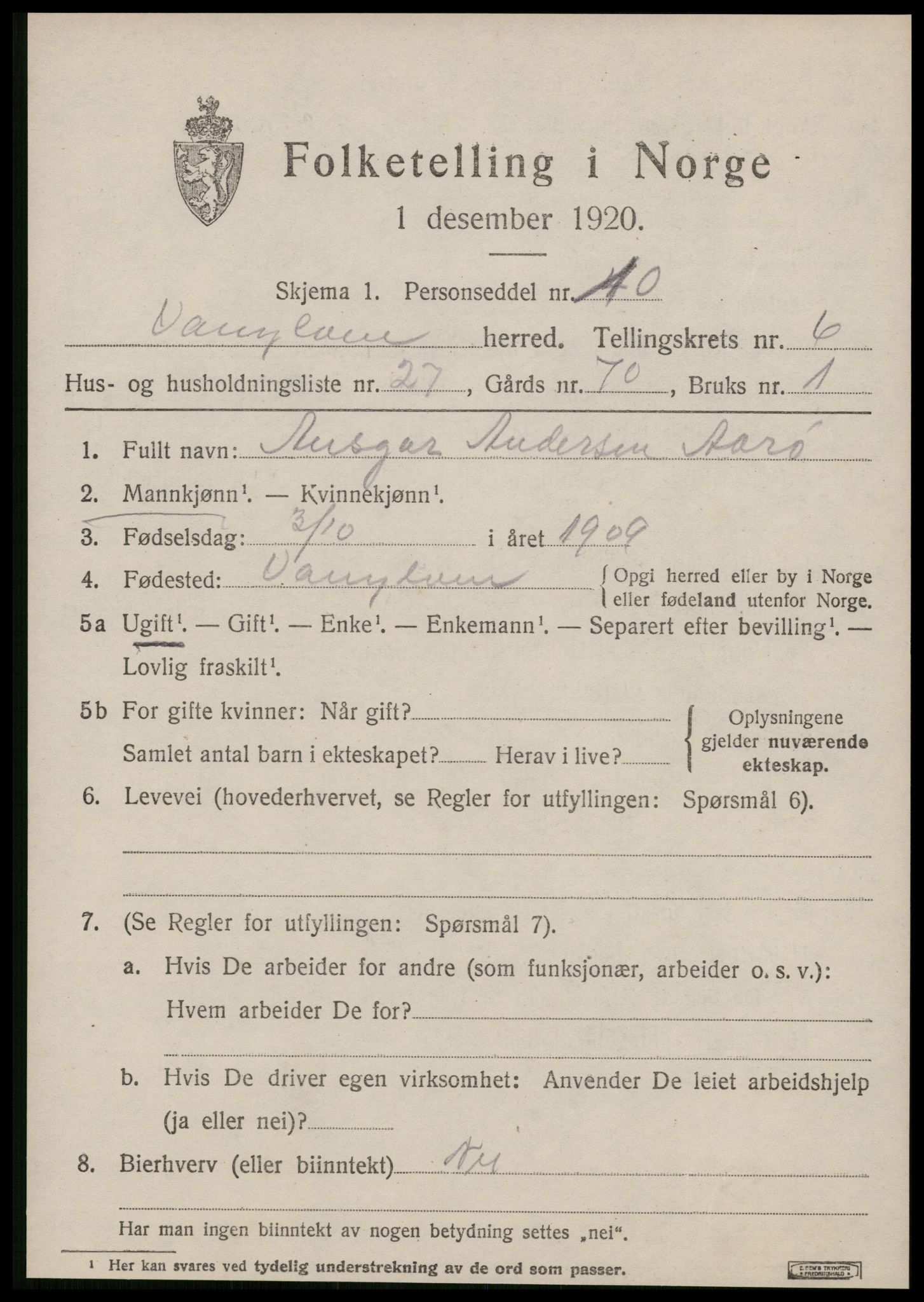 SAT, 1920 census for Vanylven, 1920, p. 3685