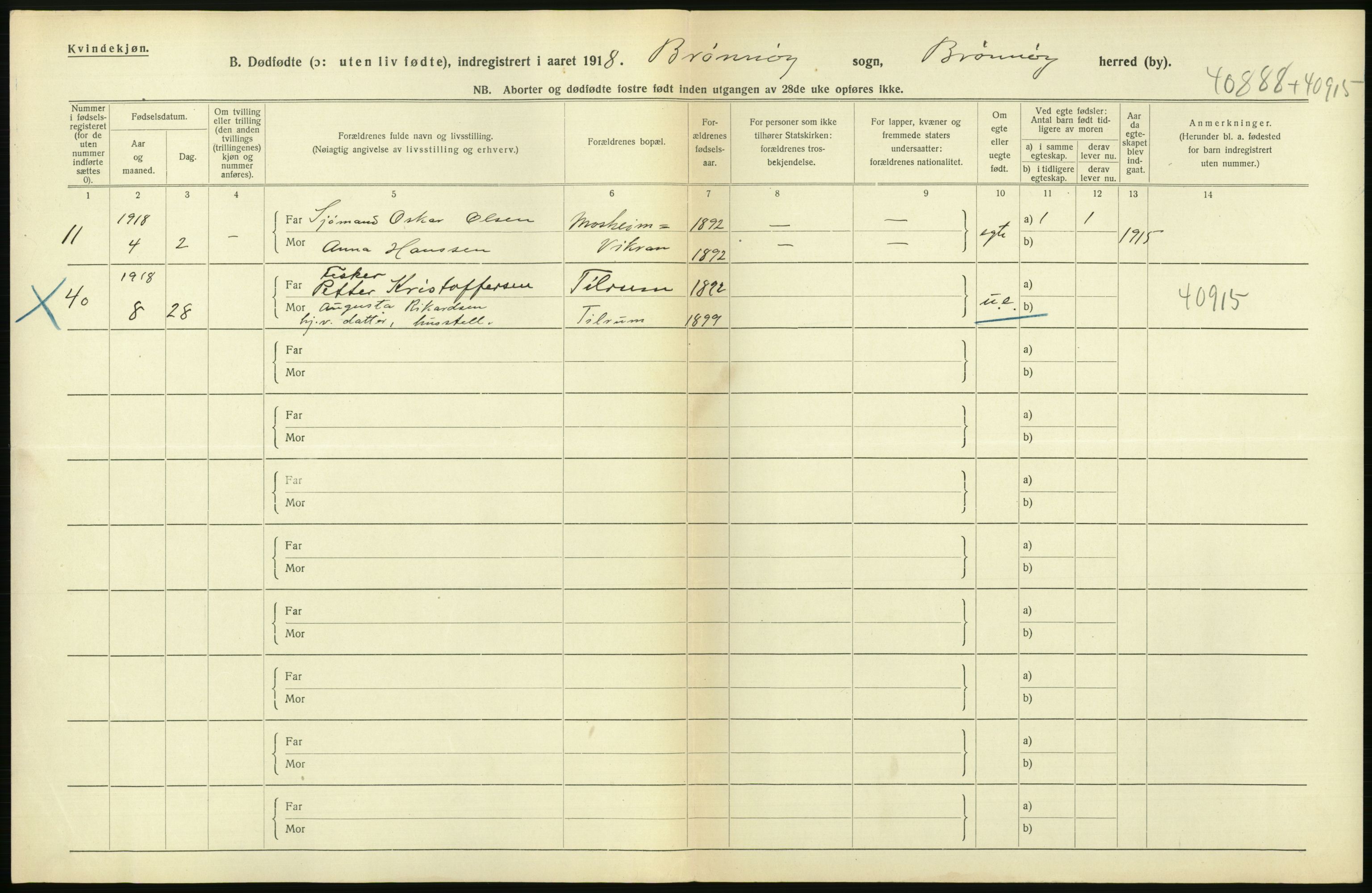 Statistisk sentralbyrå, Sosiodemografiske emner, Befolkning, AV/RA-S-2228/D/Df/Dfb/Dfbh/L0054: Nordland fylke: Gifte, dødfødte. Bygder og byer., 1918, p. 438