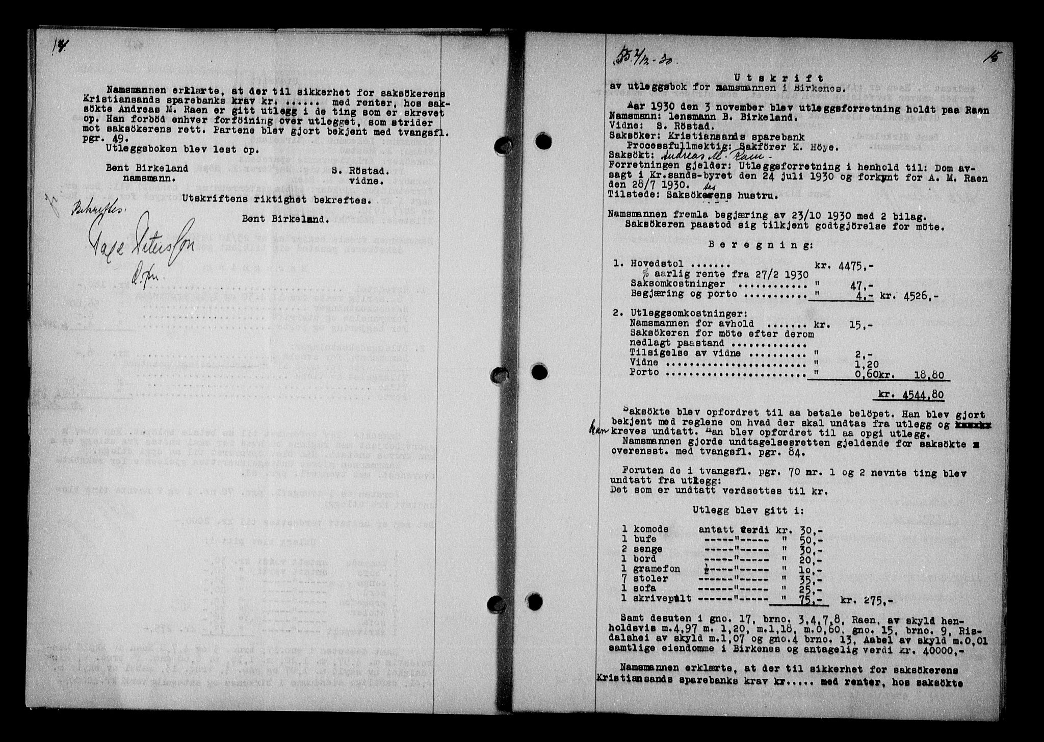 Vestre Nedenes/Sand sorenskriveri, AV/SAK-1221-0010/G/Gb/Gba/L0040: Mortgage book no. 66, 1930-1932, p. 14-15