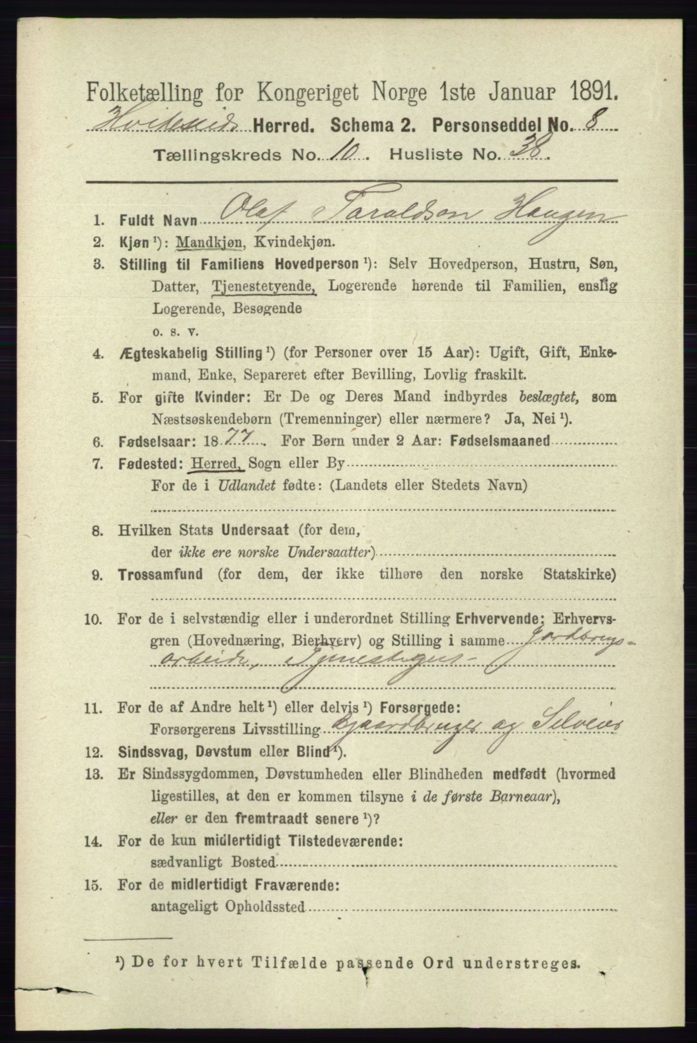 RA, 1891 census for 0829 Kviteseid, 1891, p. 2491