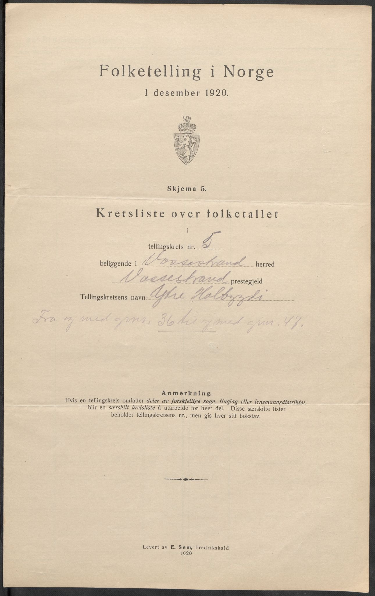 SAB, 1920 census for Vossestrand, 1920, p. 16