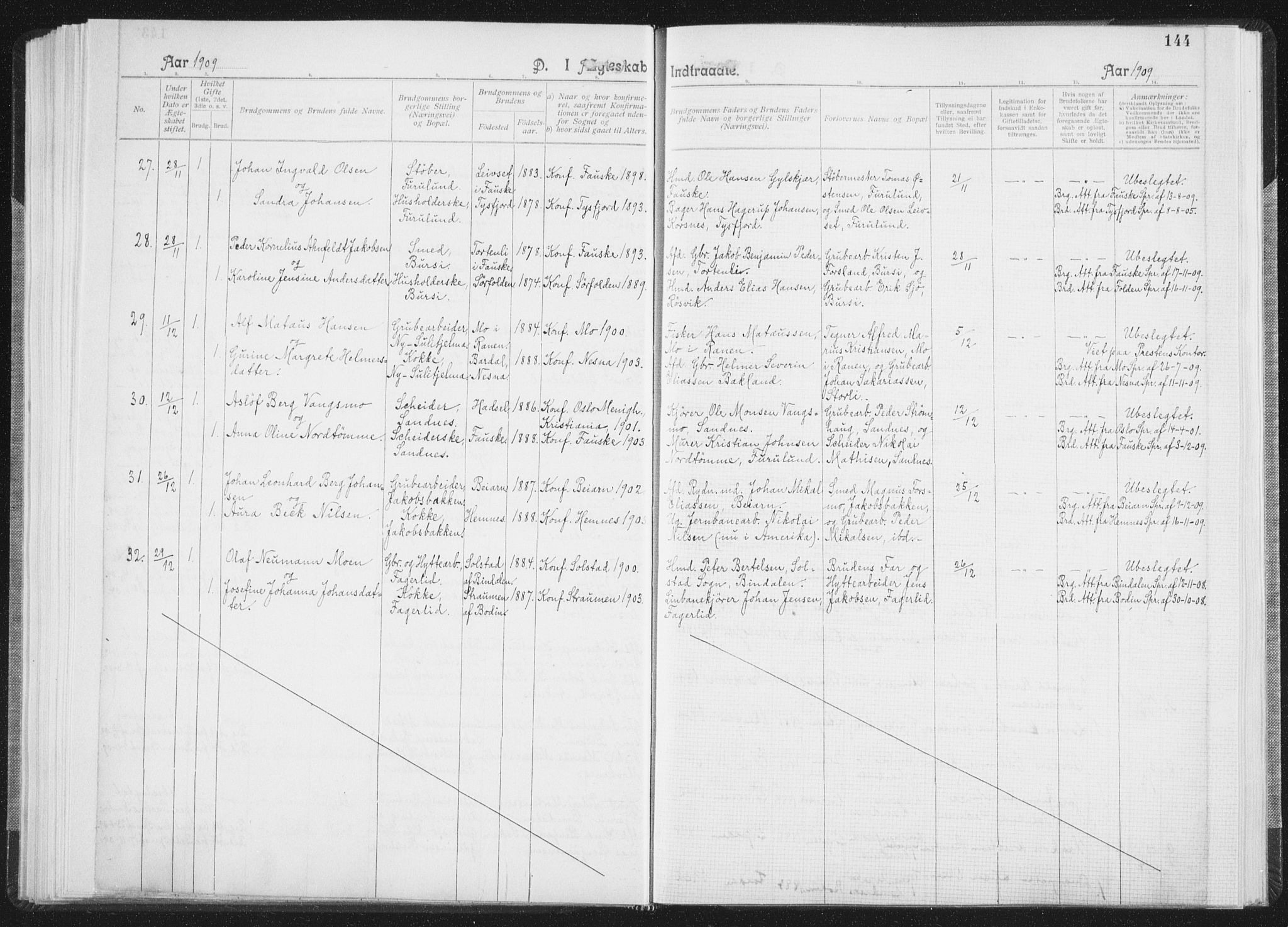 Ministerialprotokoller, klokkerbøker og fødselsregistre - Nordland, SAT/A-1459/850/L0711: Curate's parish register no. 850B01, 1902-1915, p. 144