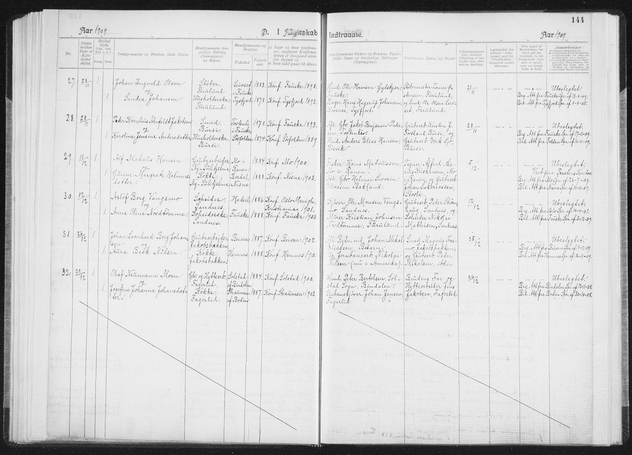 Ministerialprotokoller, klokkerbøker og fødselsregistre - Nordland, AV/SAT-A-1459/850/L0711: Curate's parish register no. 850B01, 1902-1915, p. 144