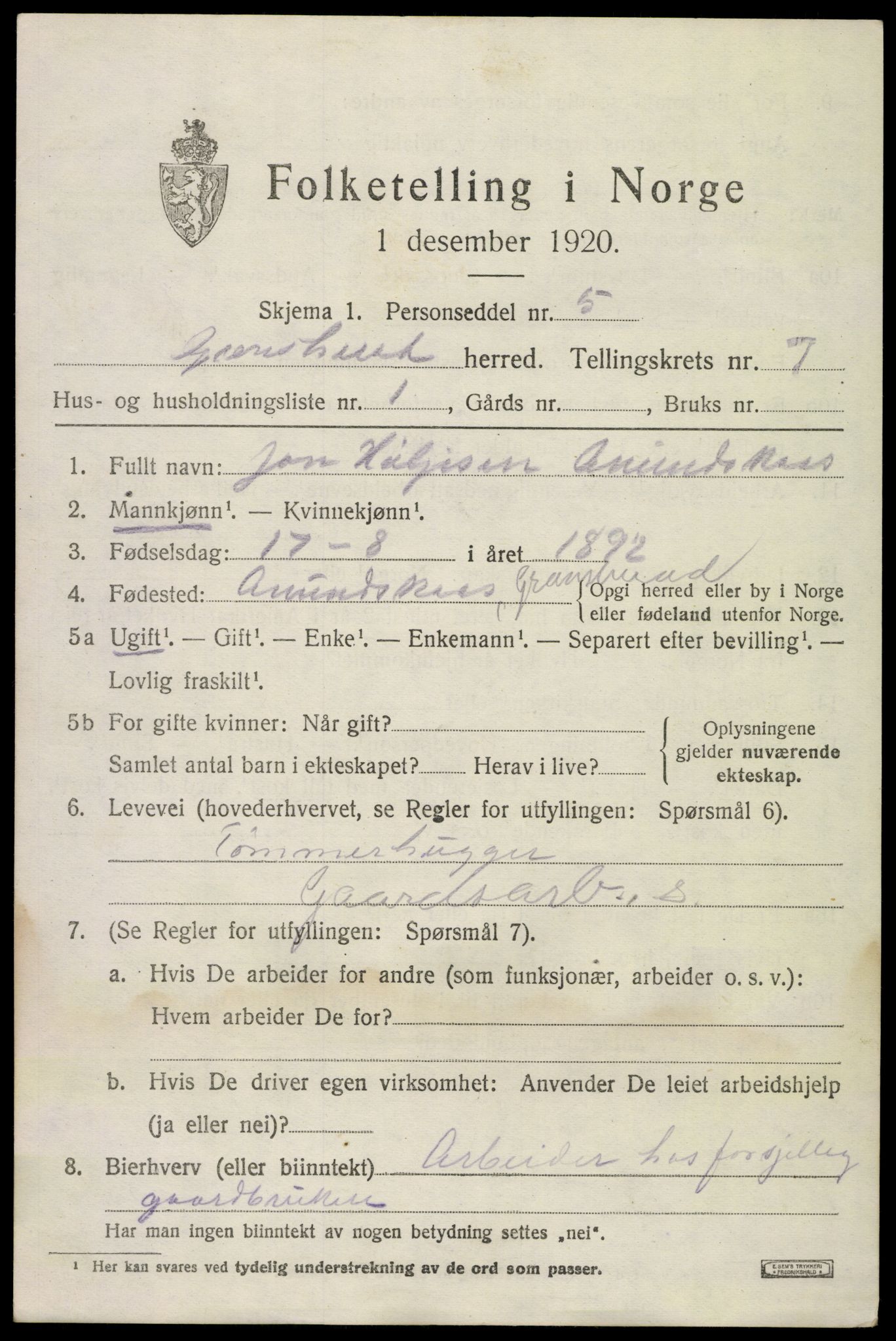 SAKO, 1920 census for Gransherad, 1920, p. 2732