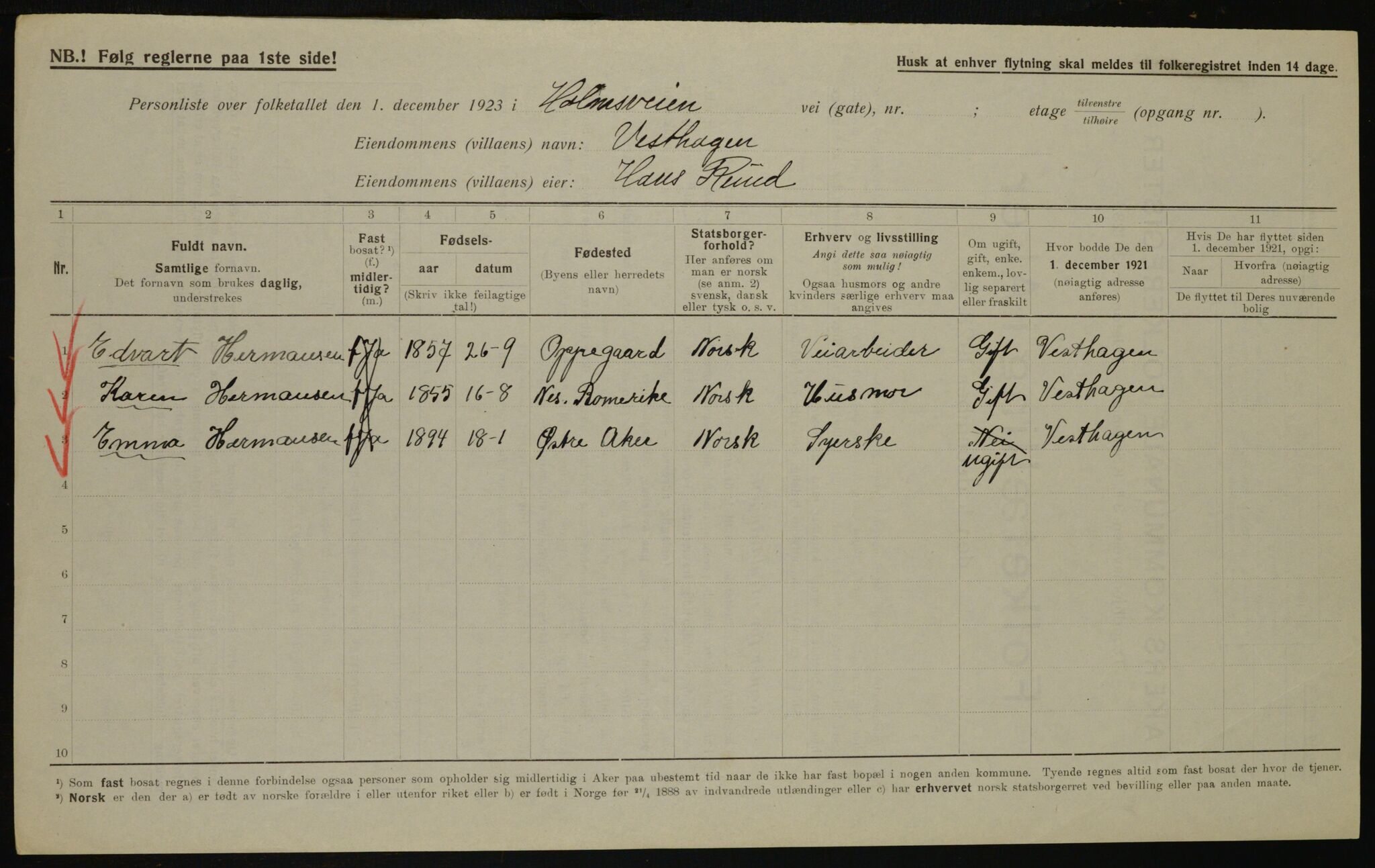 , Municipal Census 1923 for Aker, 1923, p. 39541